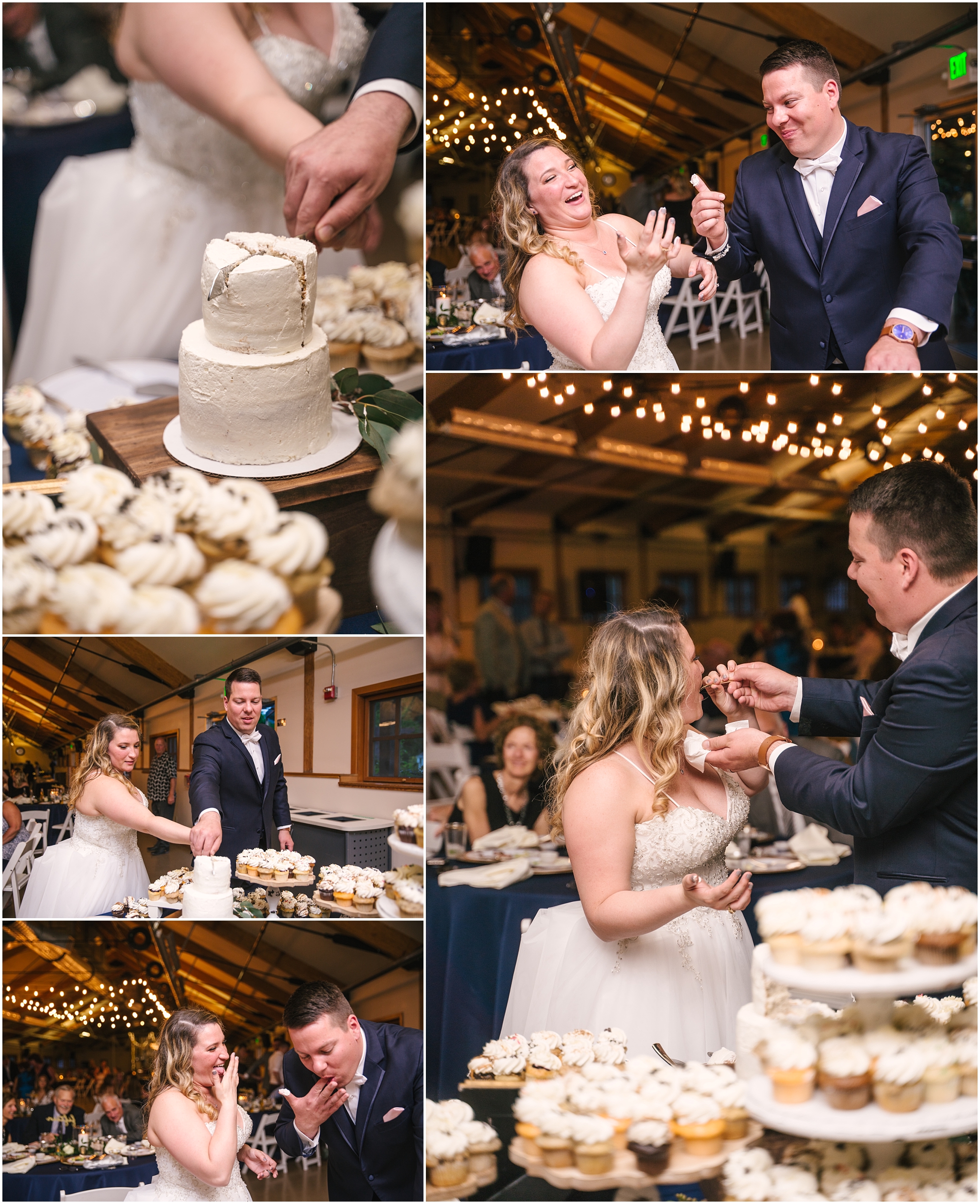 Kaela and Keith feed each other Gracene's Cupcakes at Pickering Barn wedding in Issaquah Washington