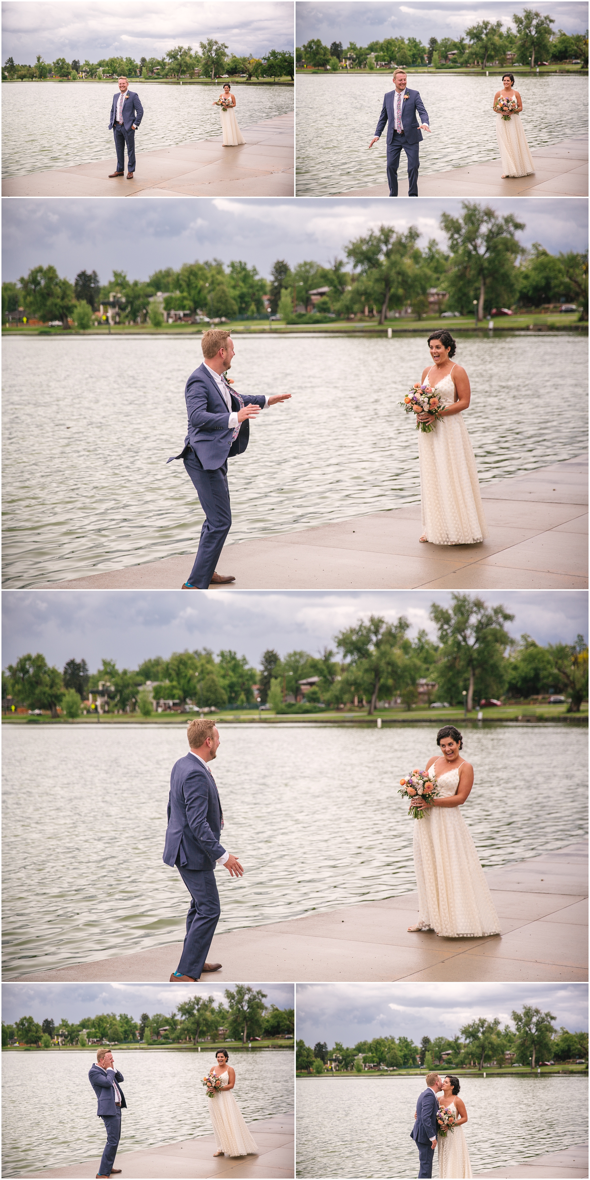 Bride and groom's silly first look on Smith Lake in Washington Park in Denver