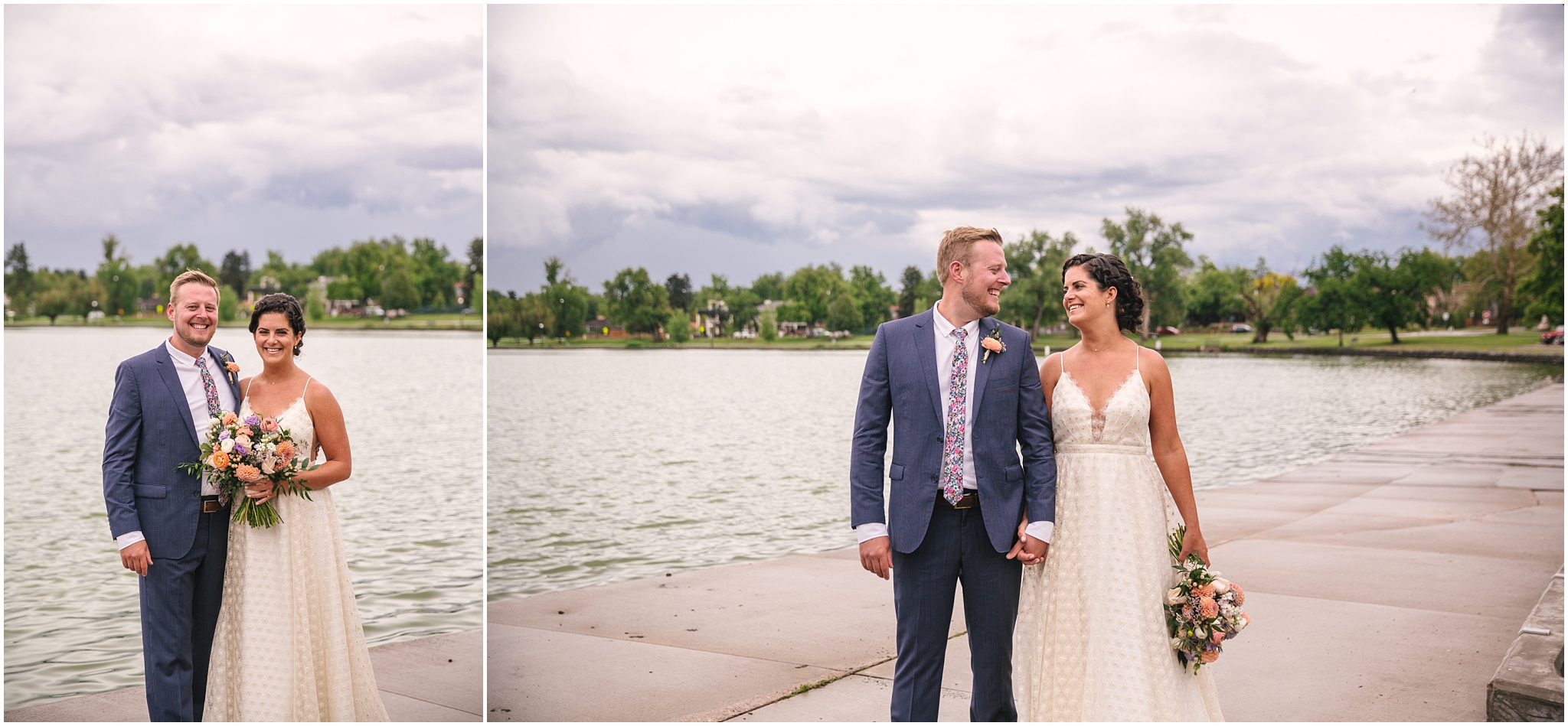Bride and groom portraits at Smith Lake on a cloudy day in Washington Park in Denver Colorado