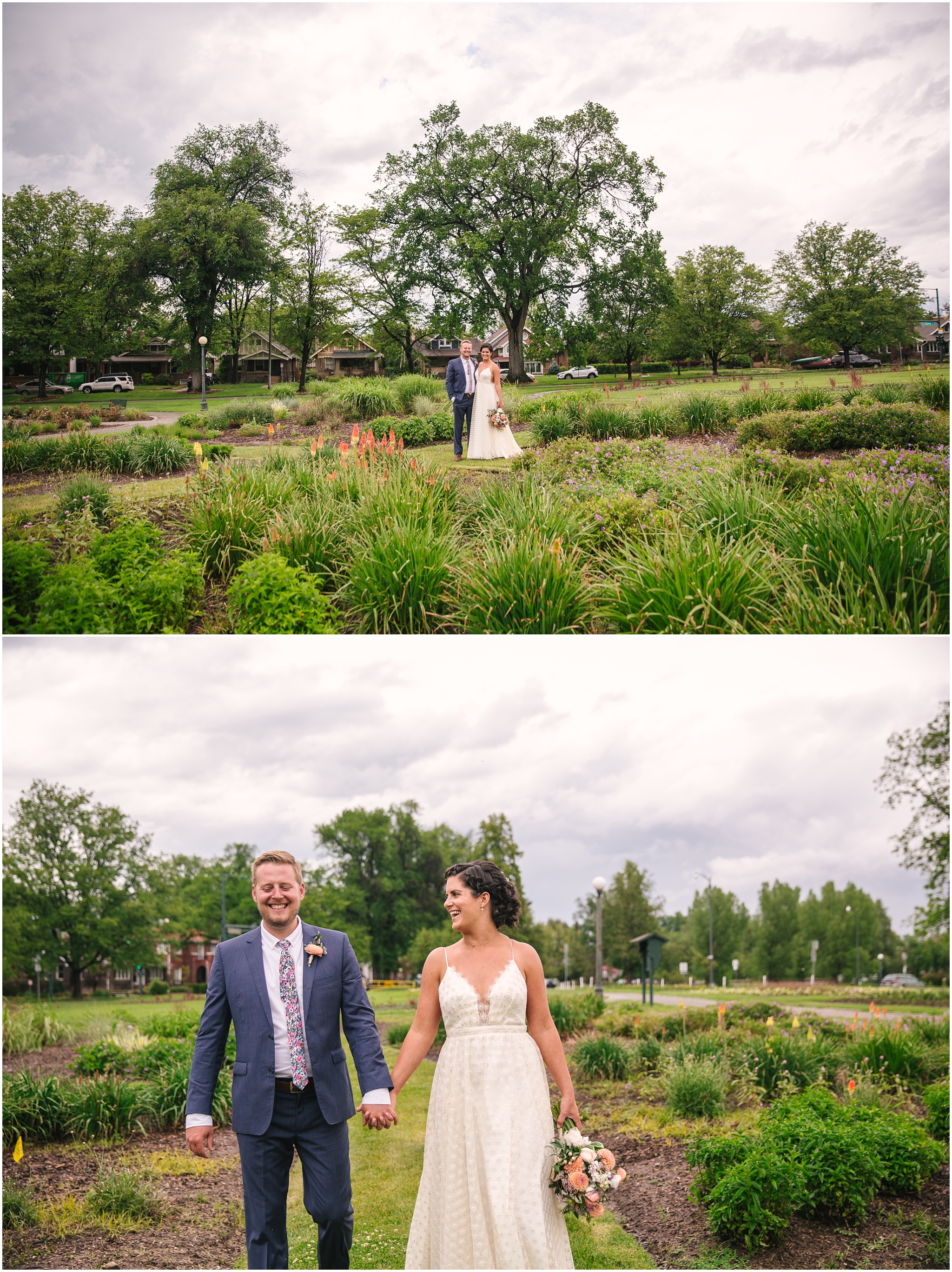 Bride and groom portraits at Denver's Washington Park garden