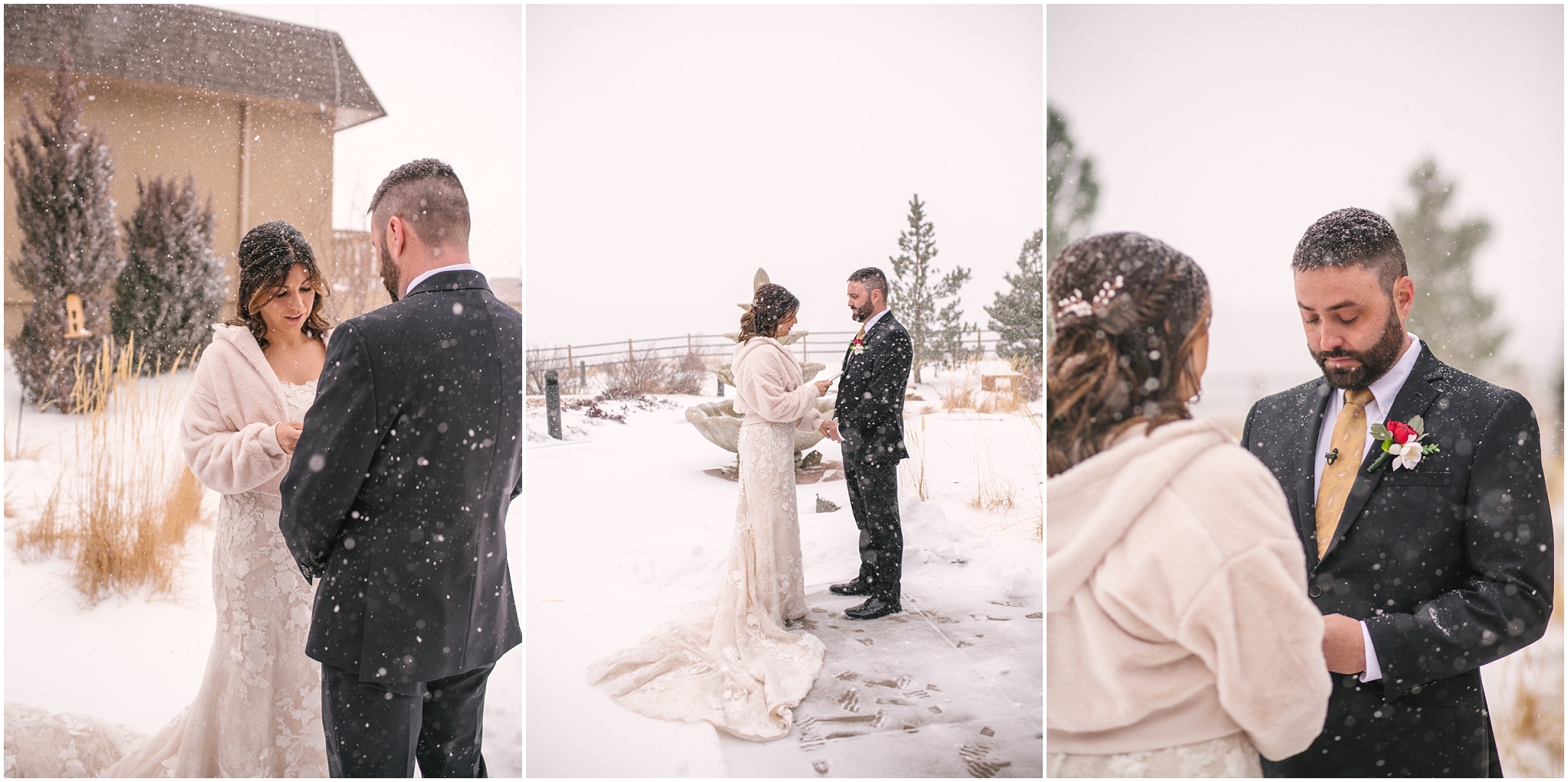 Bride and groom read their personal vows to each other in the snow outside in the garden at St Francis of Assisi Catholic Church