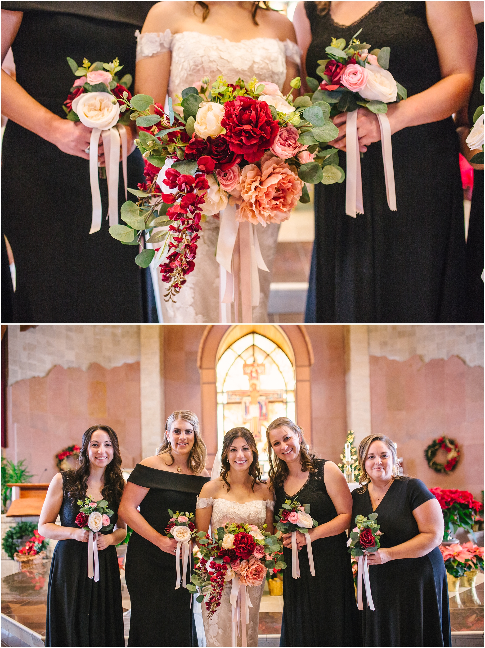 Bridesmaids with silk flowers by Blue Orchid Creations at winter wedding ceremony at St Francis of Assisi Catholic Church
