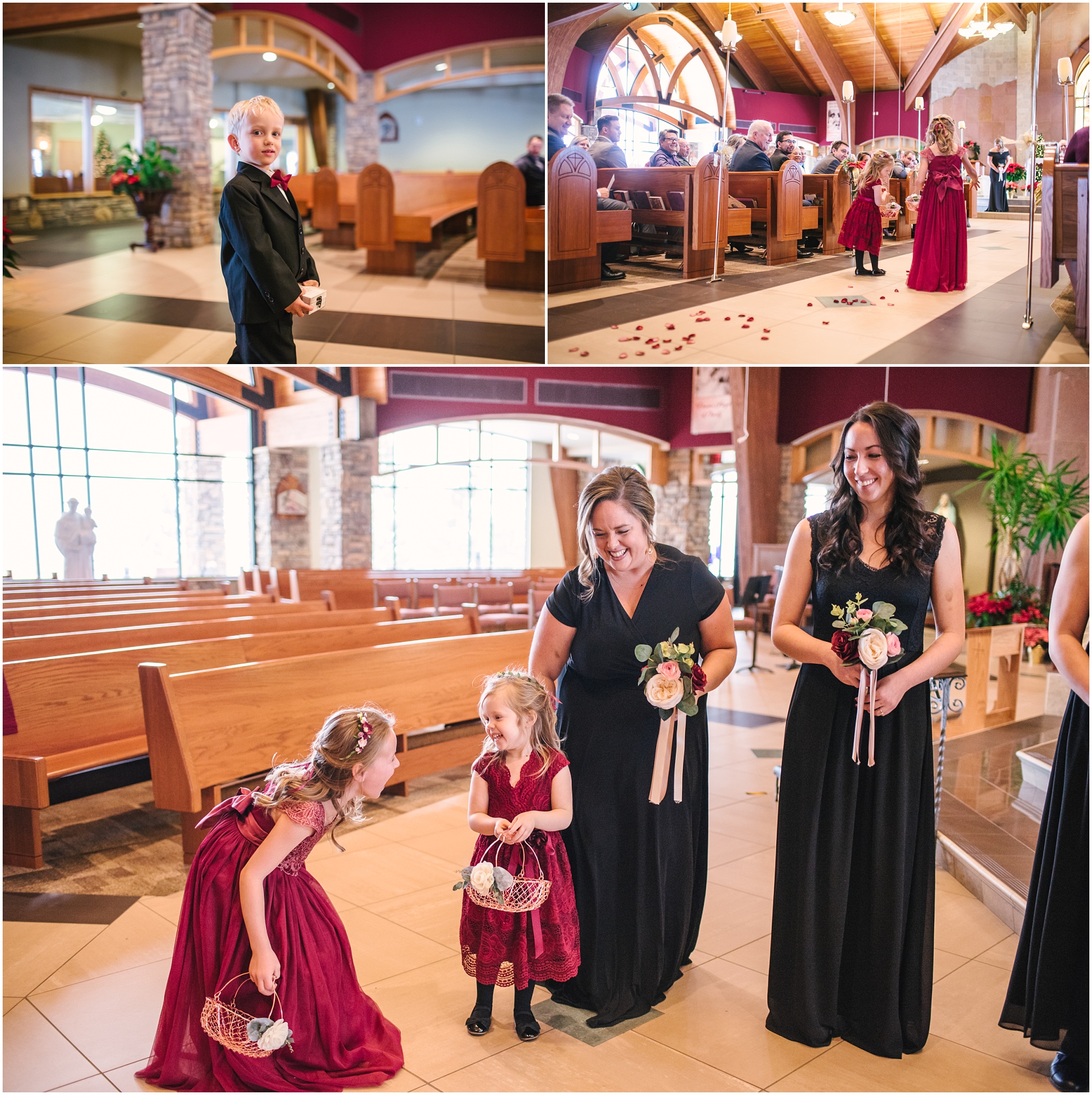 Flower girls and ring bearer enter winter wedding ceremony at St Francis of Assisi Catholic Church
