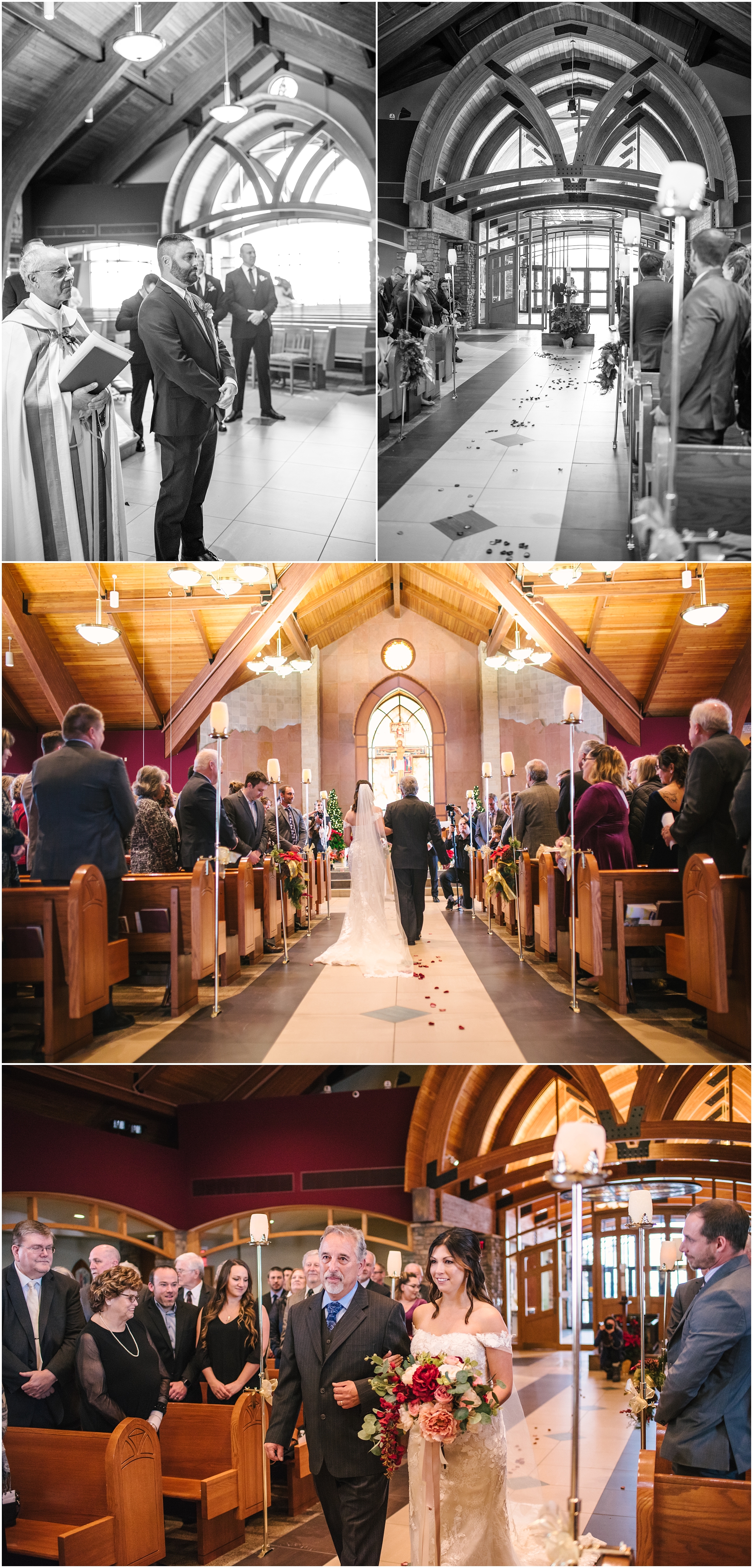 Bride's entrance to winter wedding ceremony at St Francis of Assisi Catholic Church