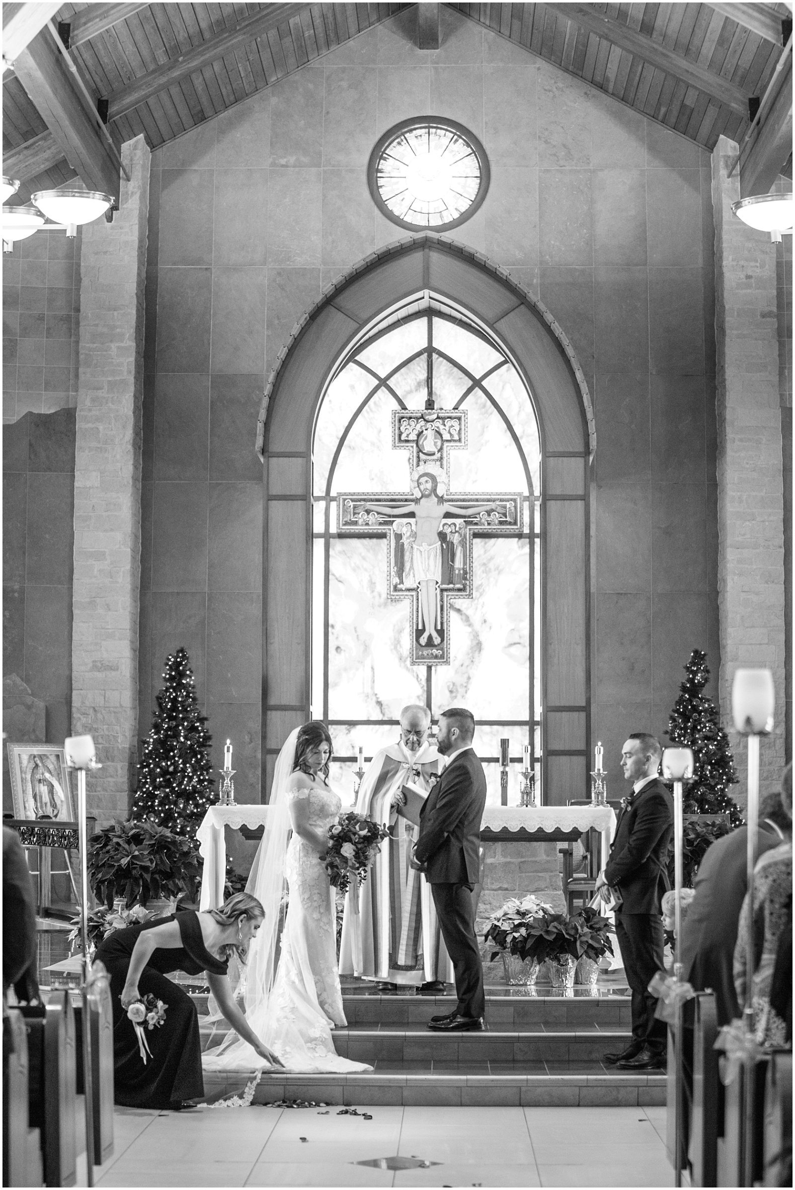 Winter wedding ceremony at St Francis of Assisi Catholic Church