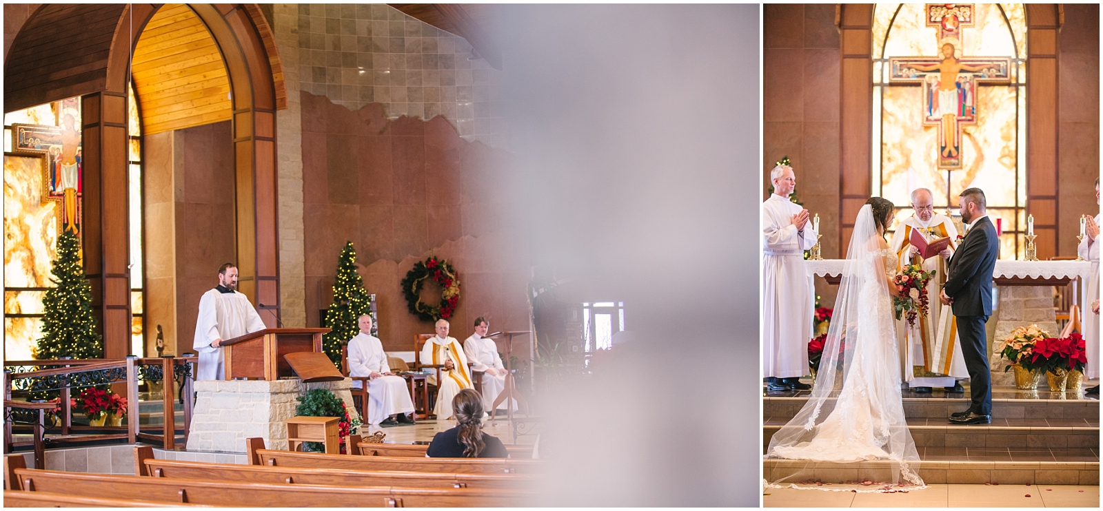 Priests conducting wedding ceremony at St Francis of Assisi Catholic Church