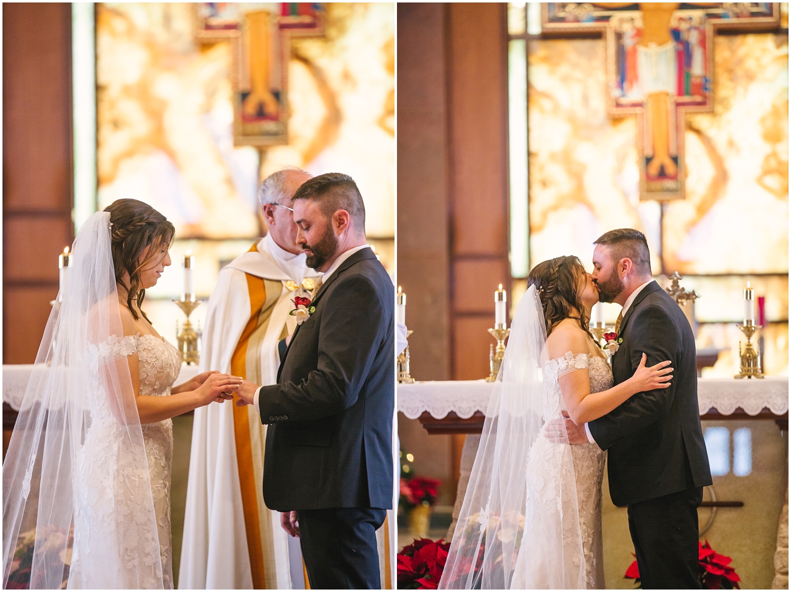 Bride and groom's first kiss at St Francis of Assisi Catholic Church wedding ceremony