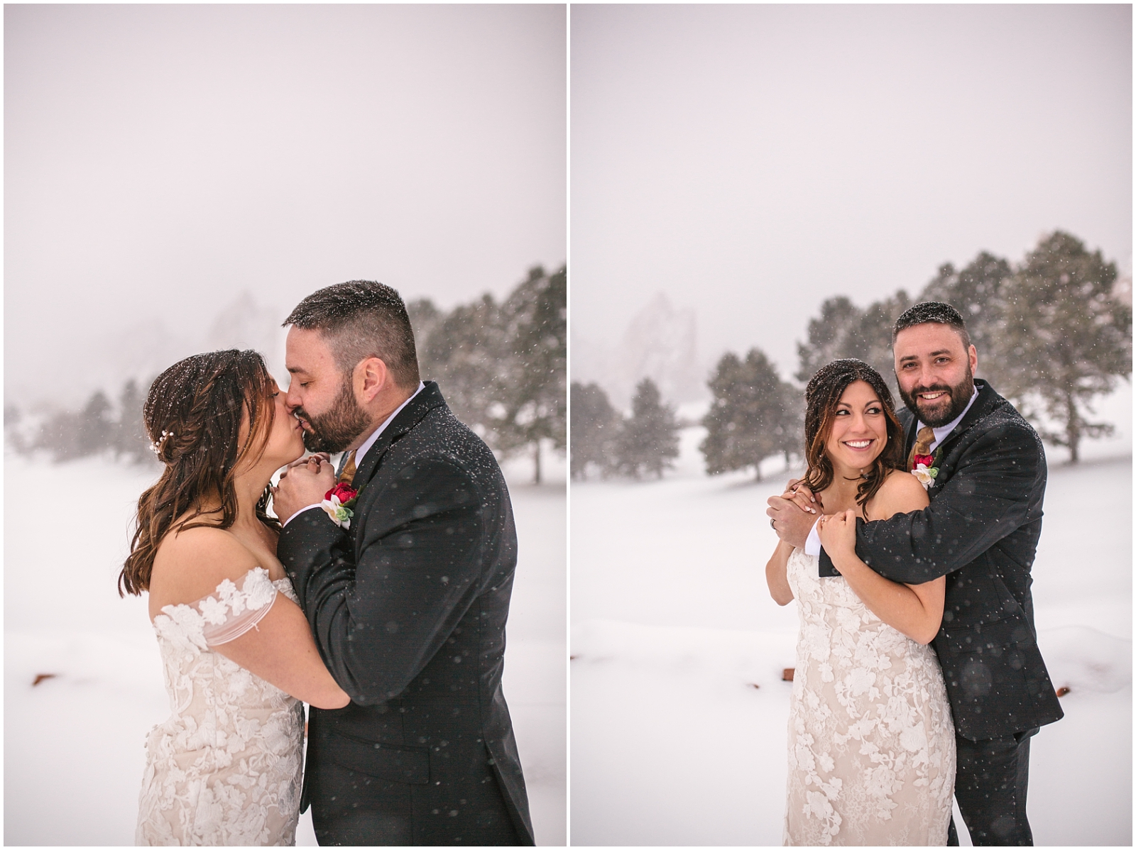 Bride and groom cuddling in the snow storm for their winter wedding at Arrowhead Golf Club