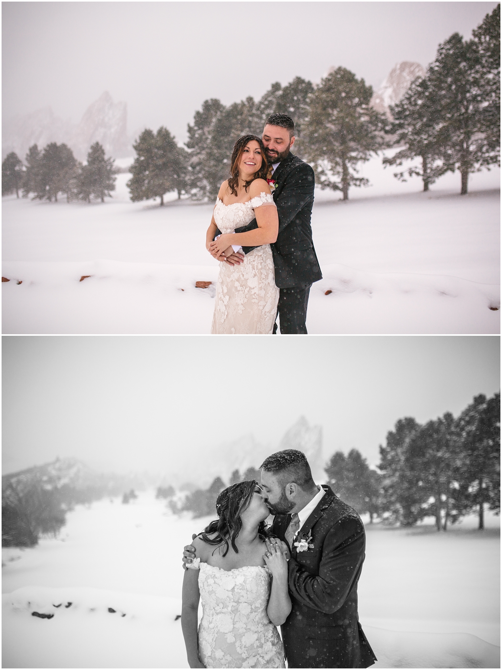 Bride and groom hugging and kissing in the snow at winter wedding at Arrowhead Golf Club