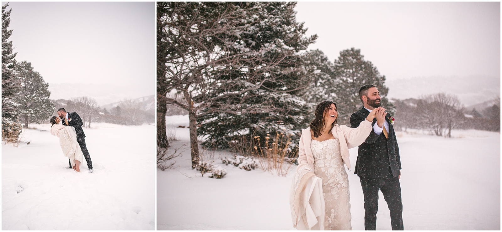 Bride and groom dancing in the snow storm at winter wedding at Arrowhead Golf Club