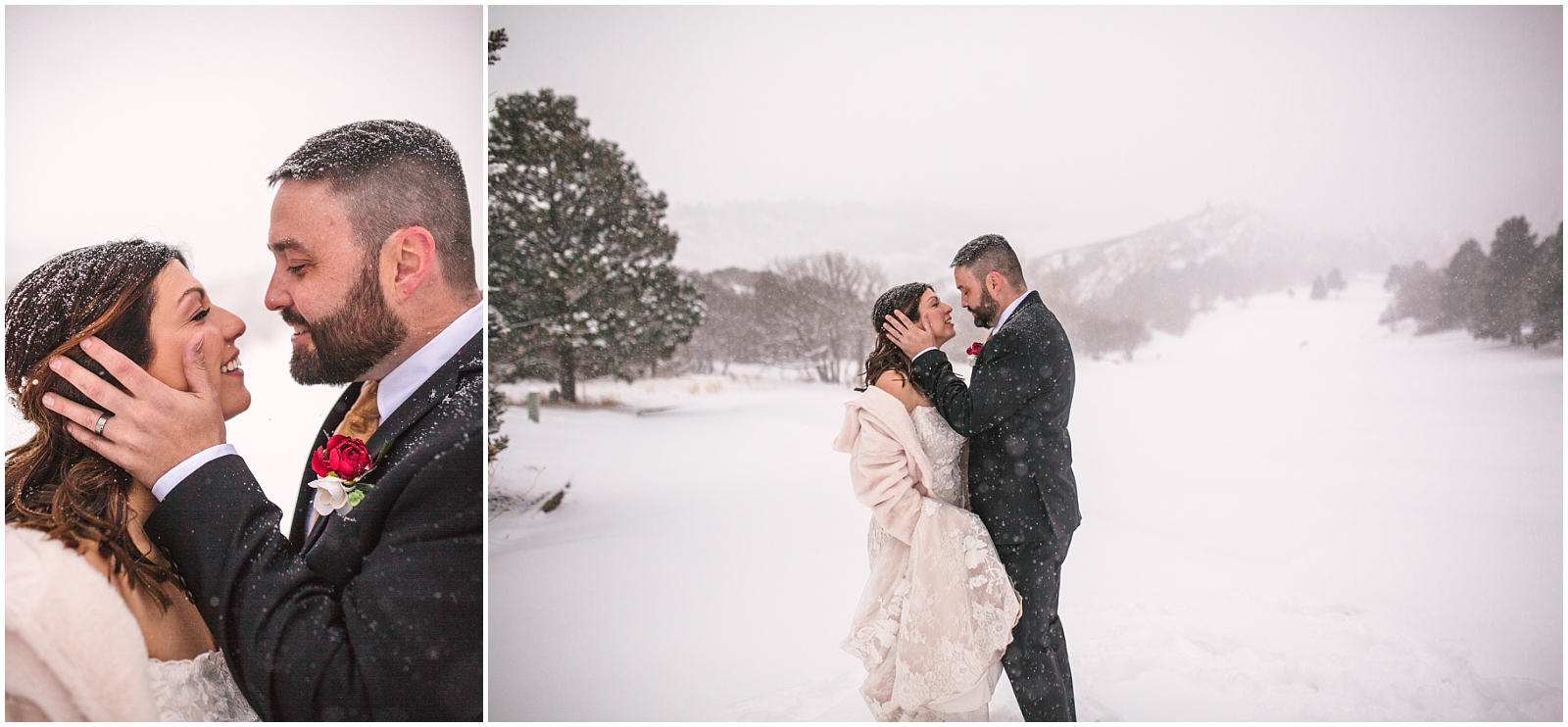 Romantic bride and groom portraits in the snow for winter wedding at Arrowhead Golf Club