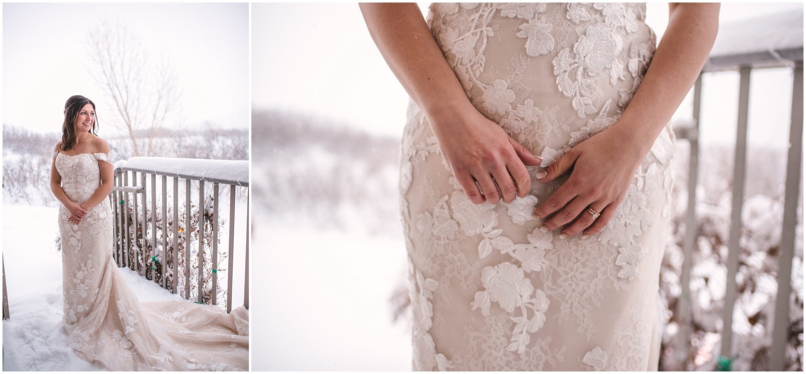 Bridal portraits in the snow on the porch at Arrowhead Golf Club