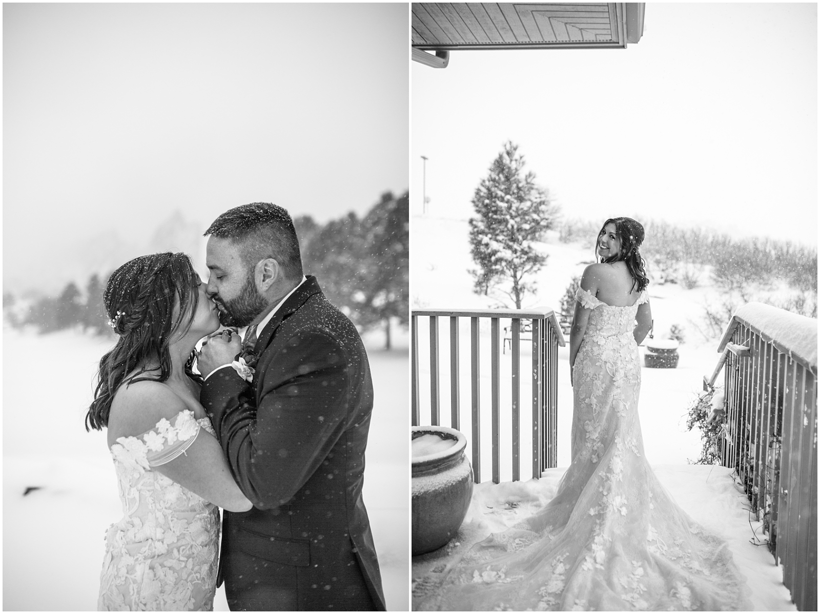 Black and white bridal portraits in the snow at Arrowhead Golf Club