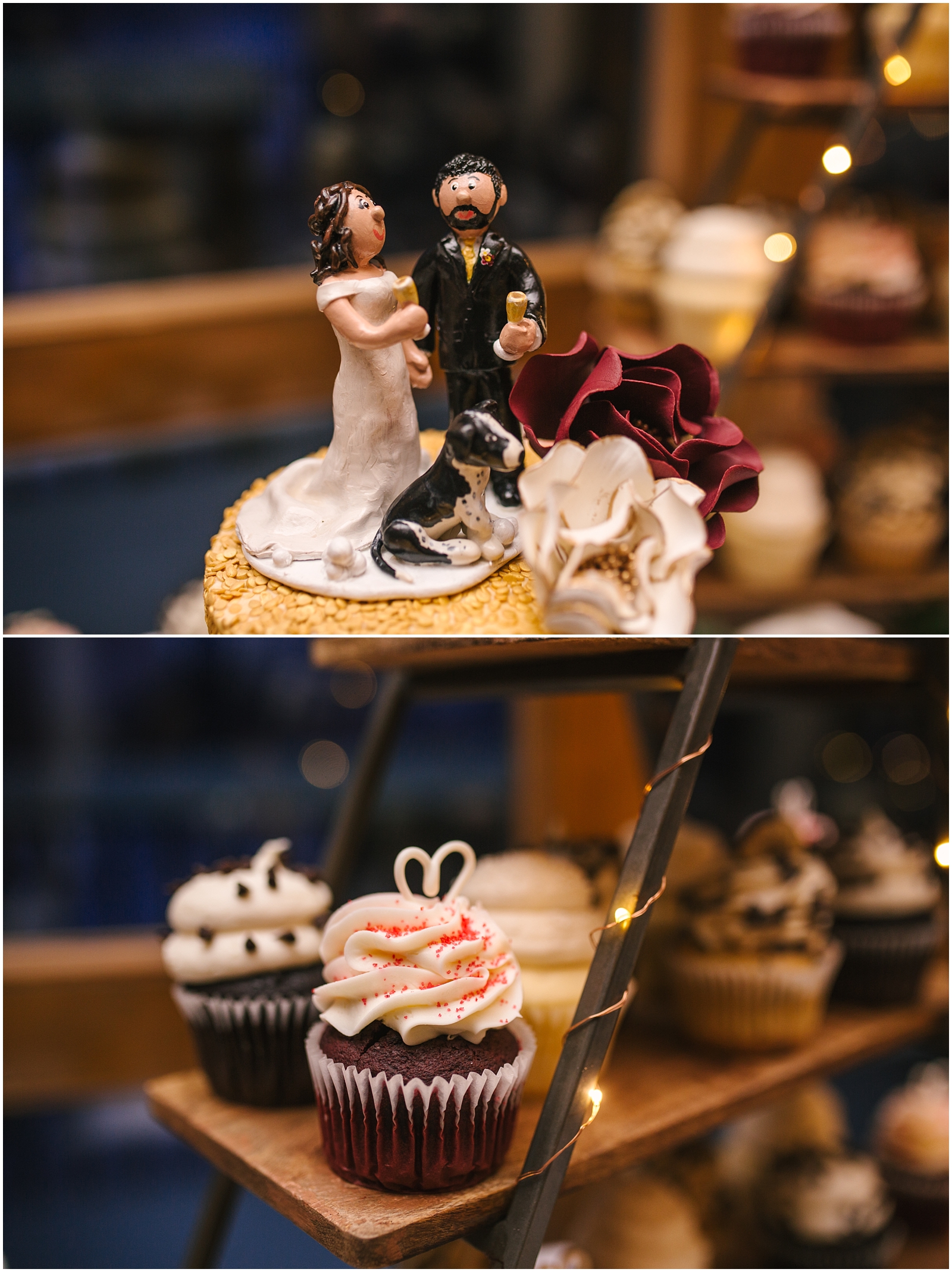 Wedding cake and cupcakes by Gigi's Cupcakes at Arrowhead Golf Club winter wedding
