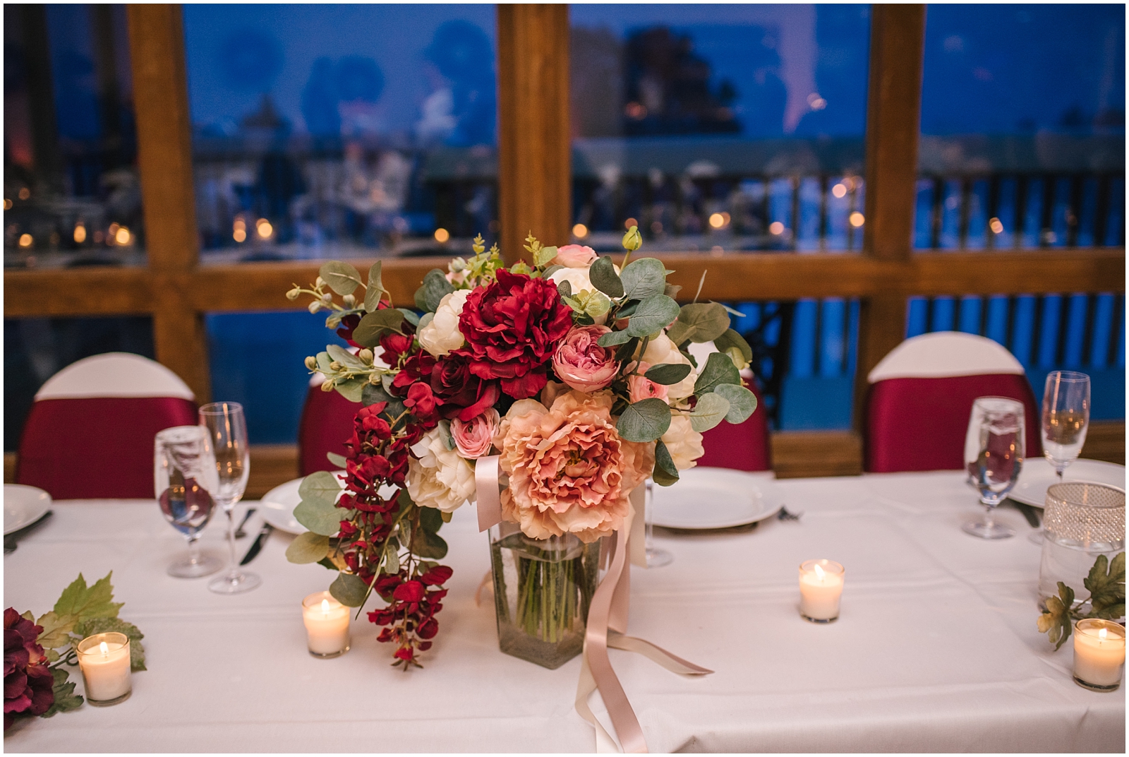 Burgundy and pink silk flowers by Blue Orchid Creations for winter wedding at Arrowhead Golf Club