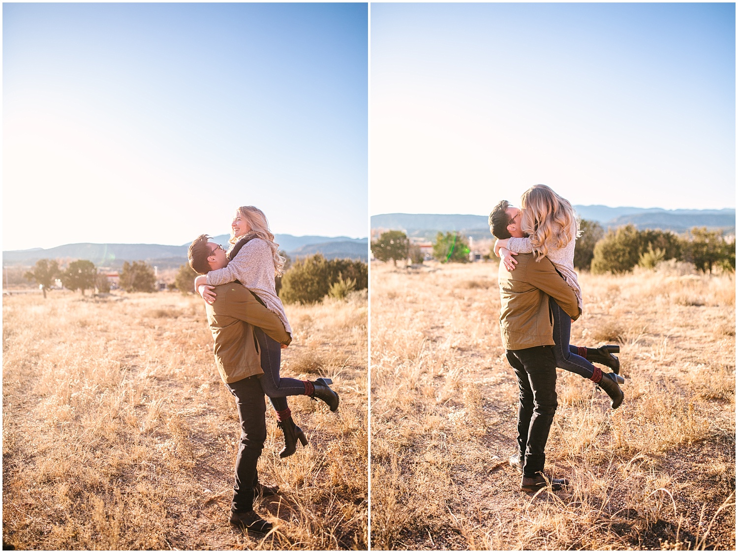 Guy swings girlfriend around during couples portraits at Jemez Red Rocks New Mexico