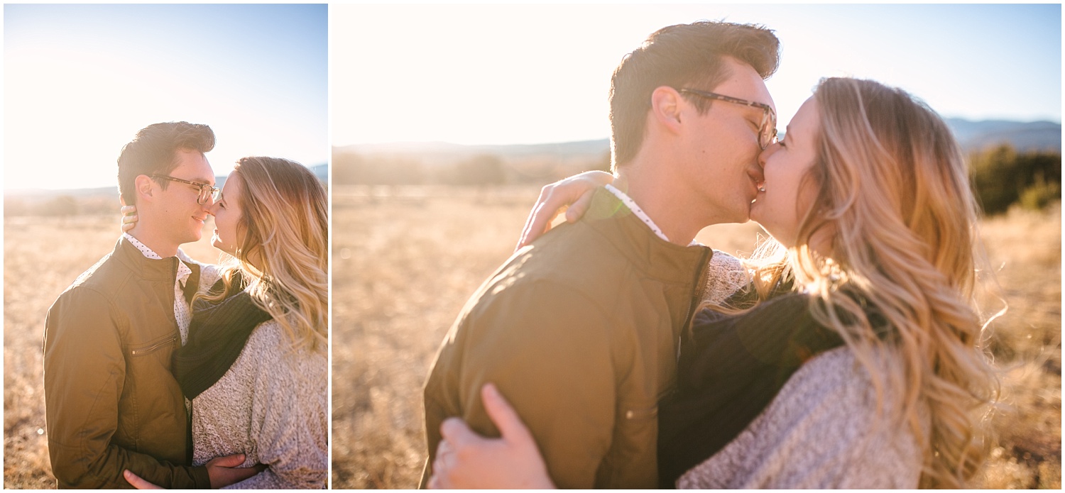 Couple kissing at golden hour in Jemez Pueblo New Mexico 