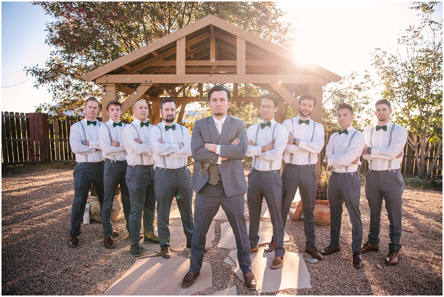 Groom and groomsmen in custom gray suit and suspenders by Ann Matthews in Albuquerque New Mexico