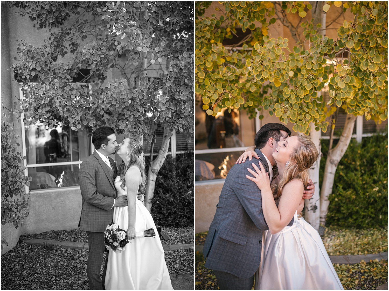 Bride and groom kissing and laughing under the aspen trees for fall backyard wedding in NE Albuquerque Acres