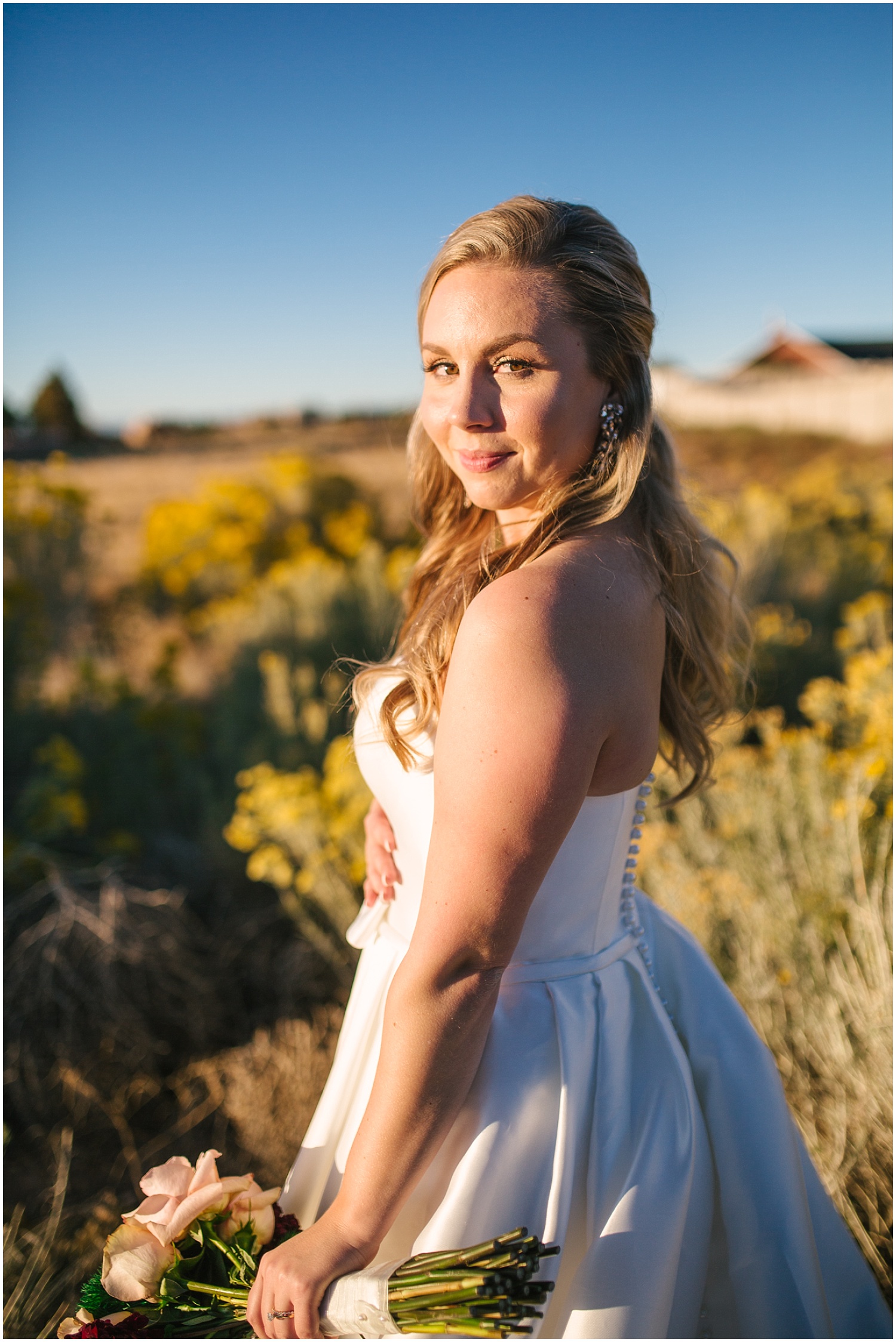 Bridal portrait at golden hour in Albuquerque New Mexico | Dress by Ann Matthews