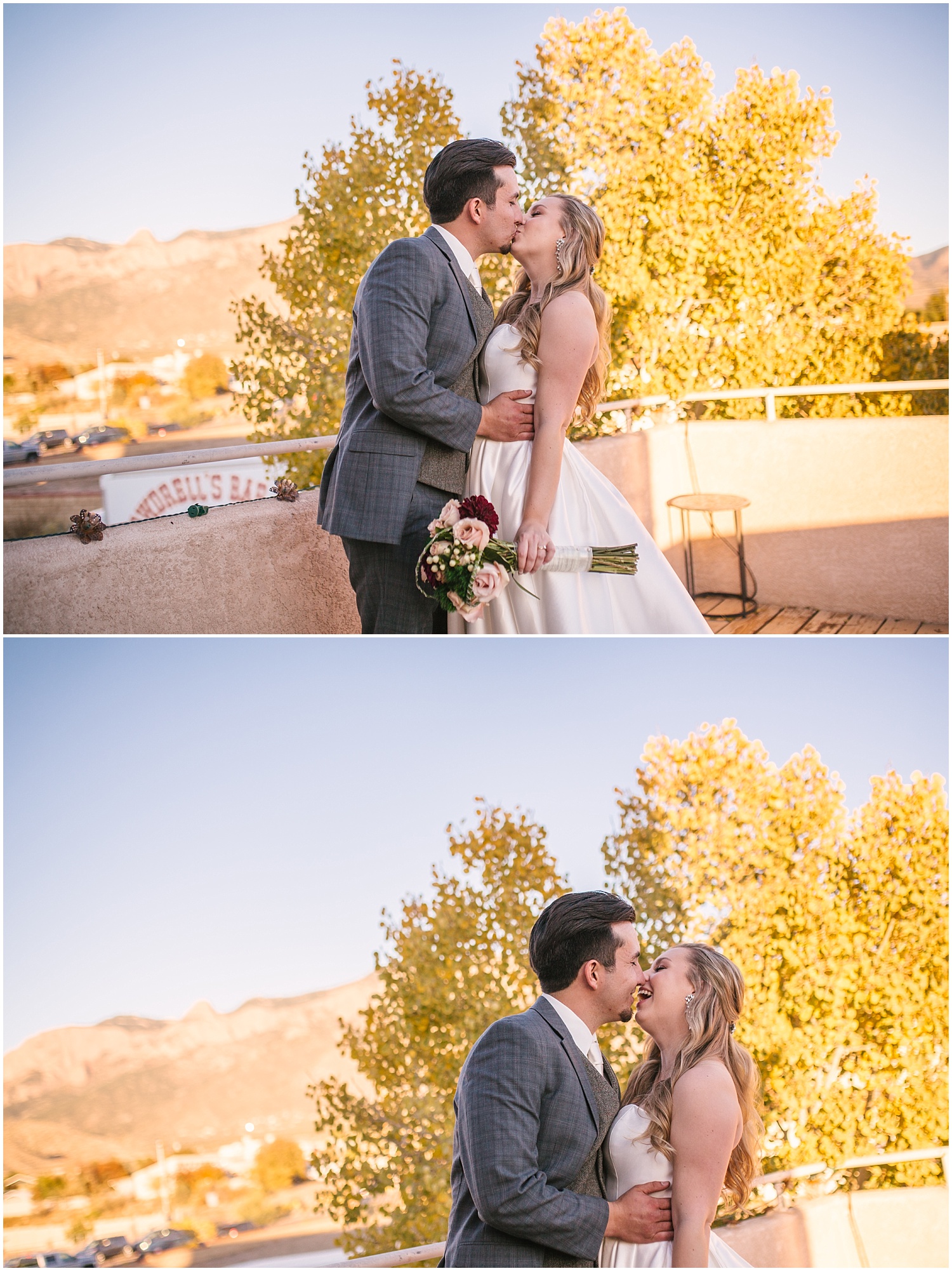 Bride and groom kissing on the balcony overlooking the Sandia Mountains during golden hour at NE Albuquerque Acres wedding