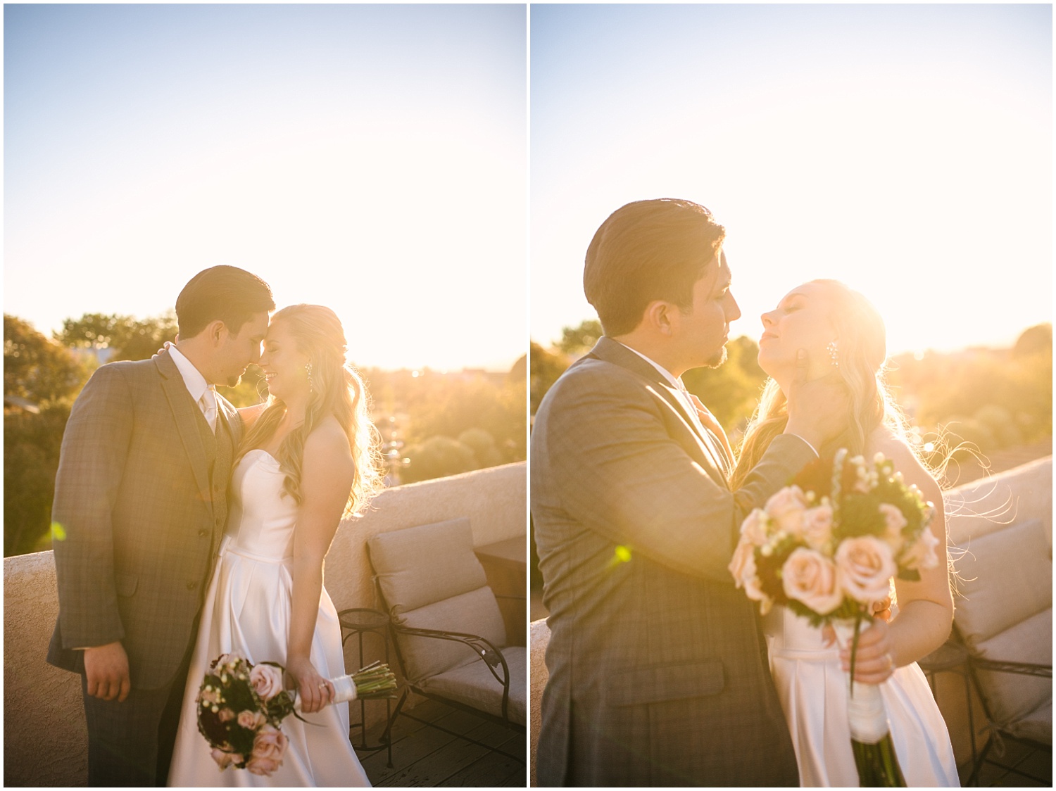 Bride and groom kissing on the balcony in the golden sunlight | Albuquerque wedding photographer