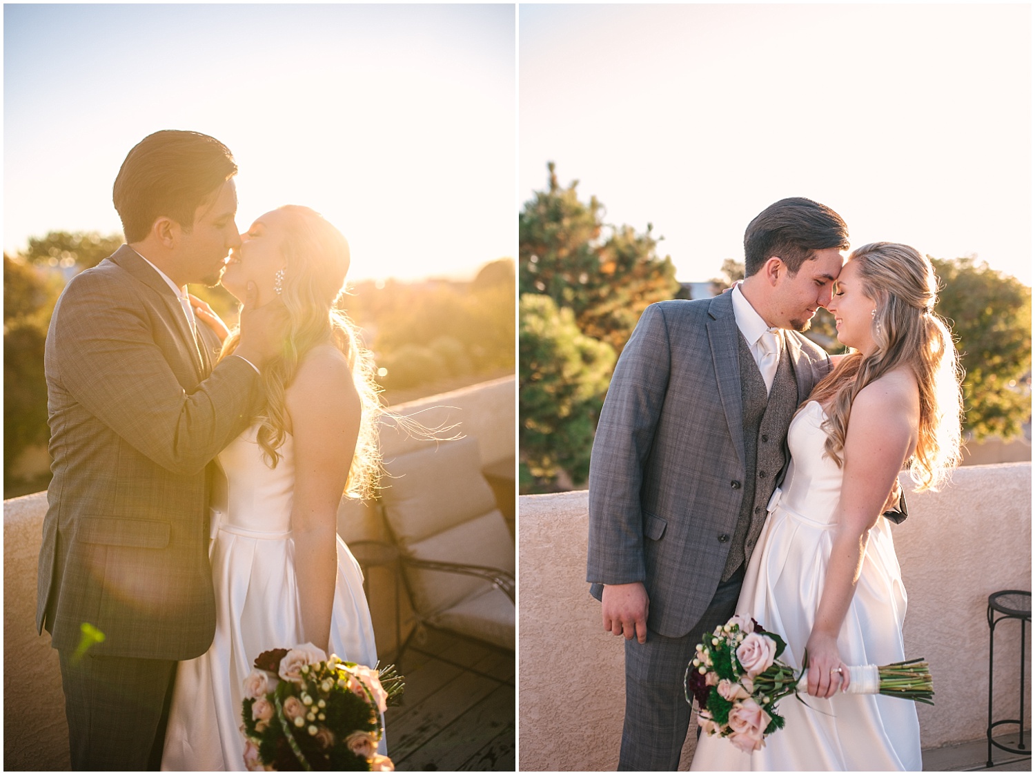 Bride and groom kissing on the balcony in the golden sunlight | Albuquerque wedding photographer