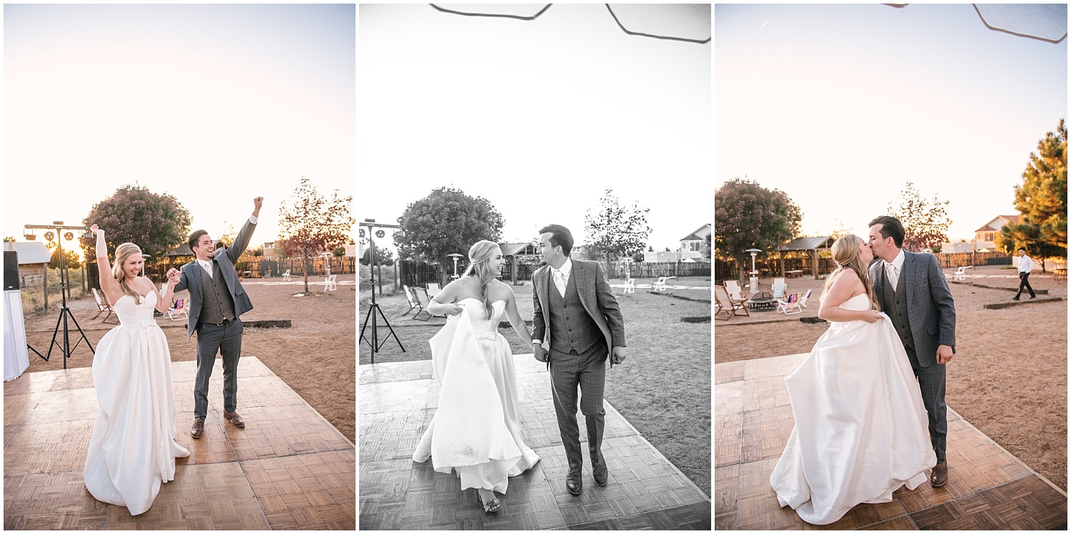 Bride and groom's first dance at backyard wedding reception in NE Albuquerque Acres New Mexico