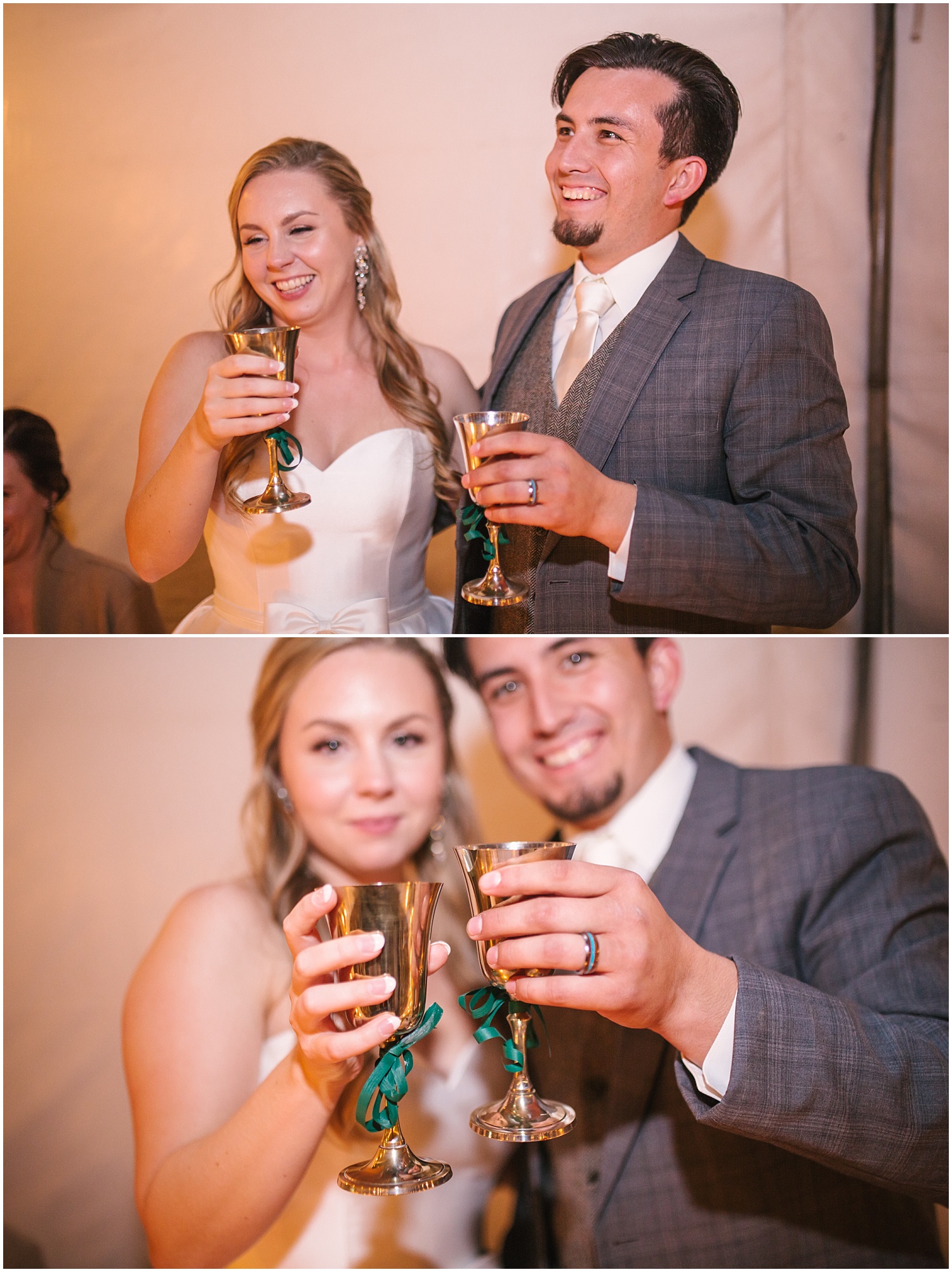 Bride and groom toast to each other with heirloom champagne glasses at backyard wedding in NE Albuquerque Acres