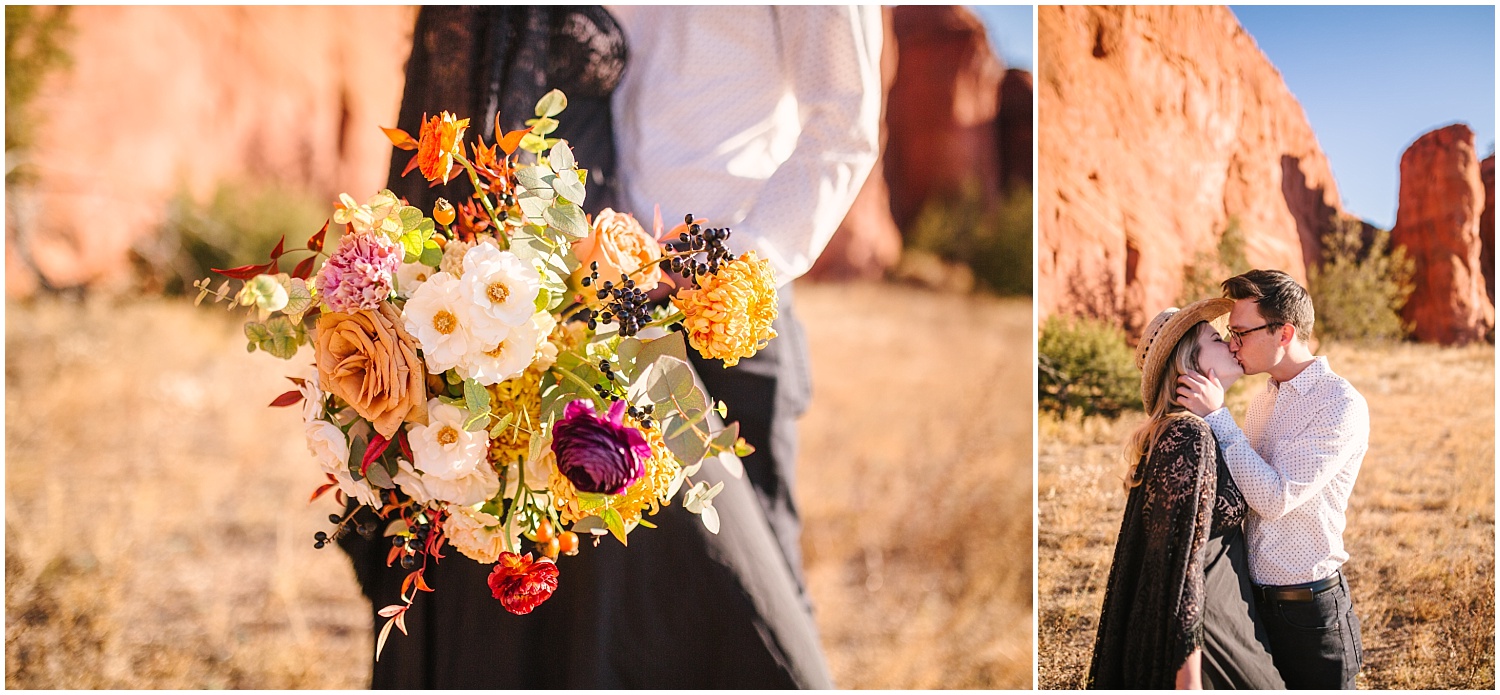 Southwest boho styled elopement photos in Jemez Red Rocks New Mexico. Flowers by Floriography and Florecita