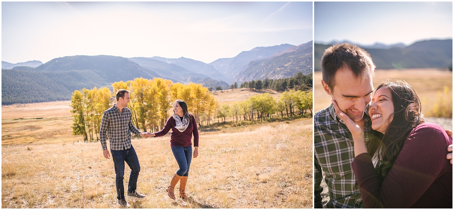 Couple in field surrounded by mountains for fall engagement at Rocky Mountain National Park