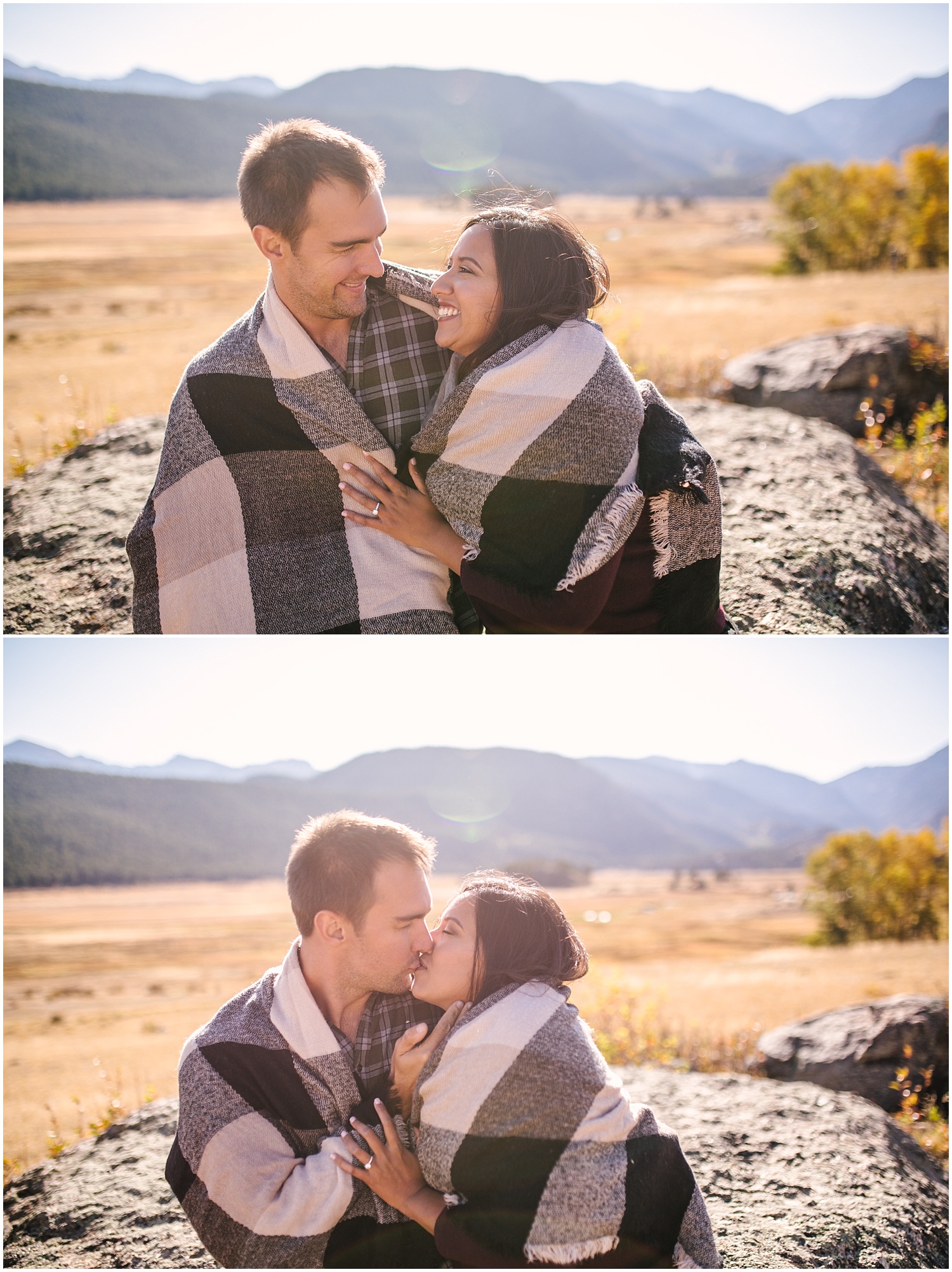 Couple kissing under blanket in field surrounded by mountains for fall engagement at Rocky Mountain National Park