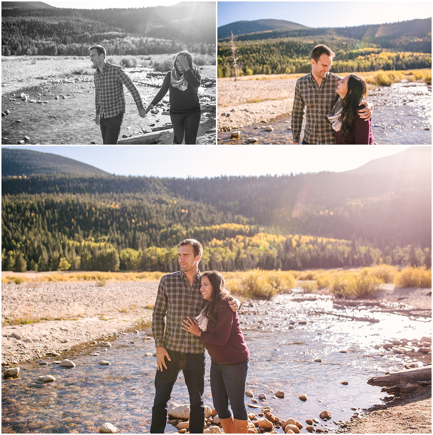 Couple walking along Fall River in RMNP for engagement pictures