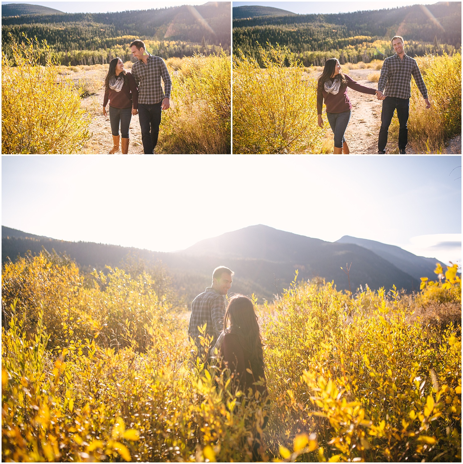 Couple walking through tall grass for fall engagement session at RMNP