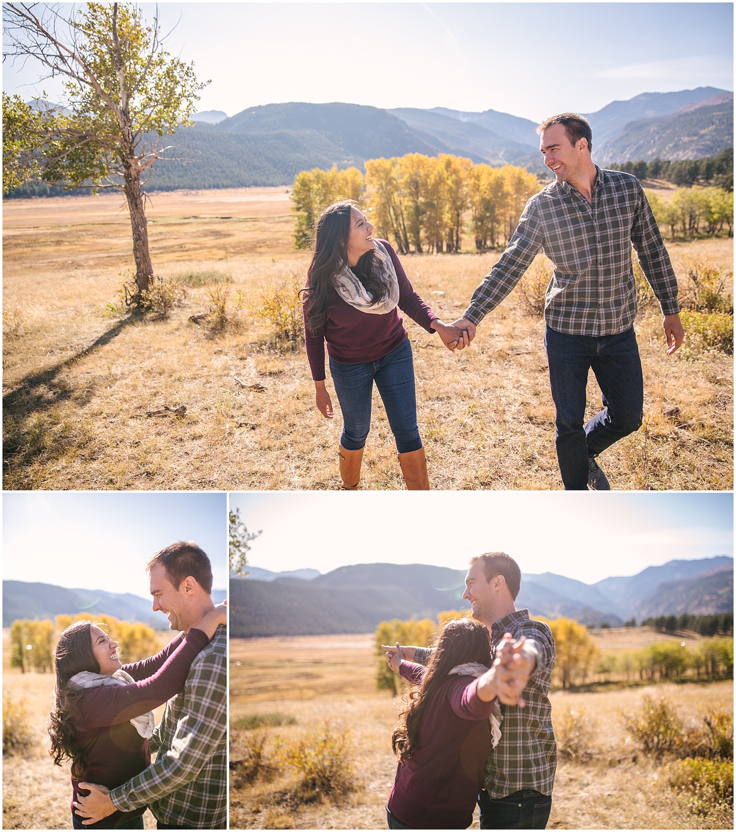 Couple frolicking in field with yellow aspens for fall engagement at Rocky Mountain National Park