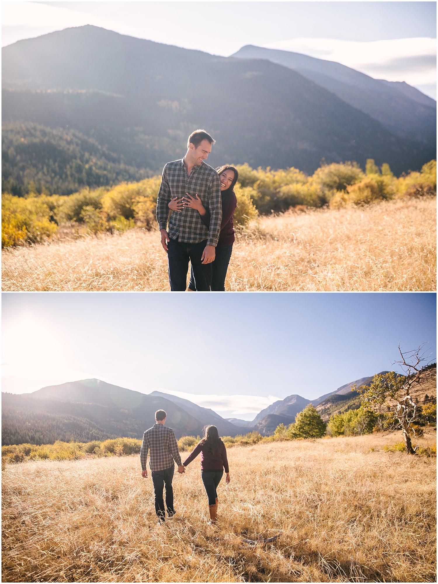 Engagement photos in a field at Endovalley in Rocky Mountain National Park