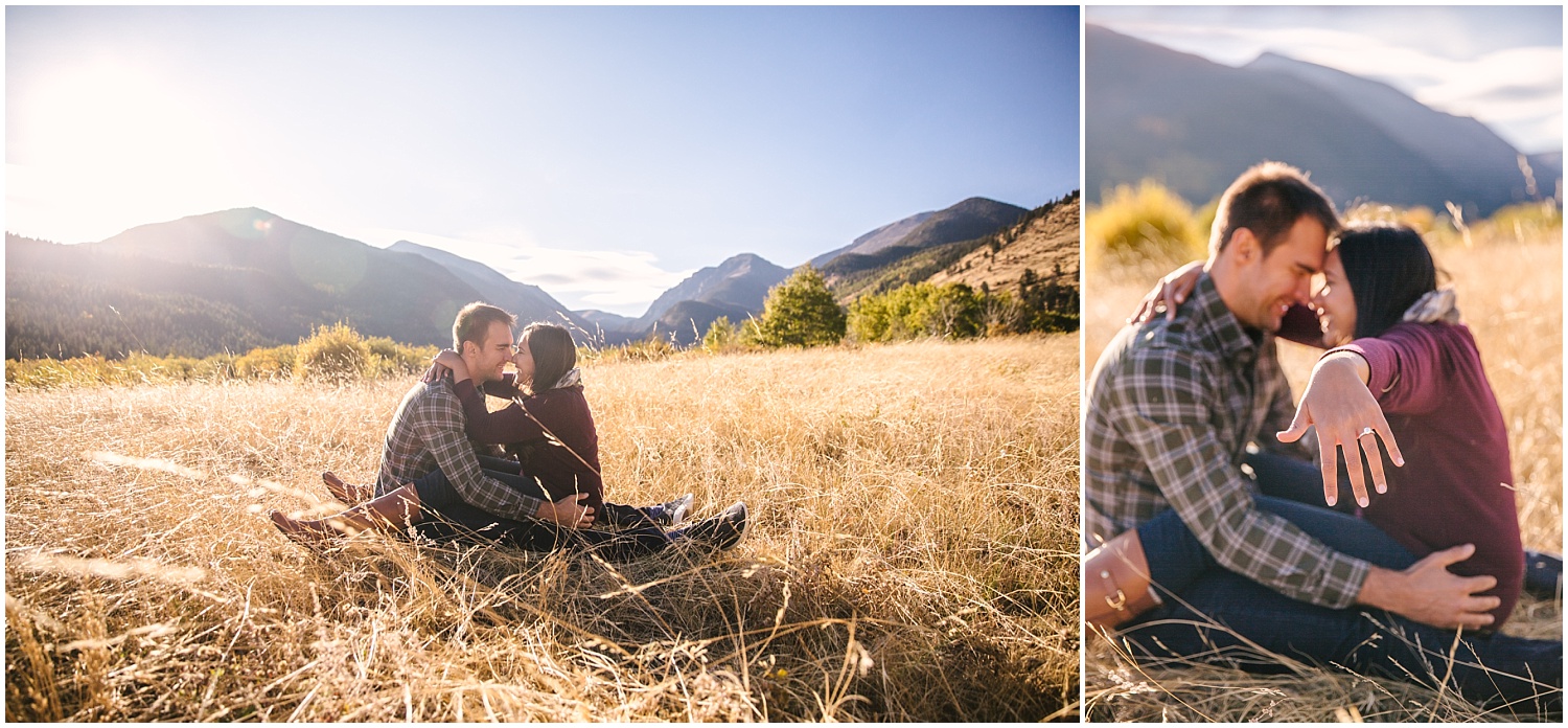 Engaged couple cuddling in a field at Endovalley in Rocky Mountain National Park