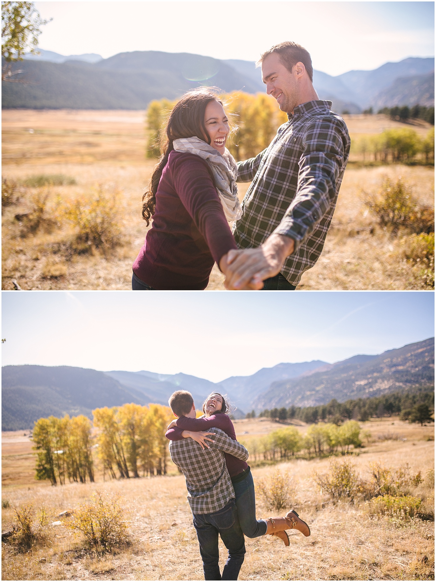 Couple playing around in field with yellow aspens for fall engagement at Rocky Mountain National Park