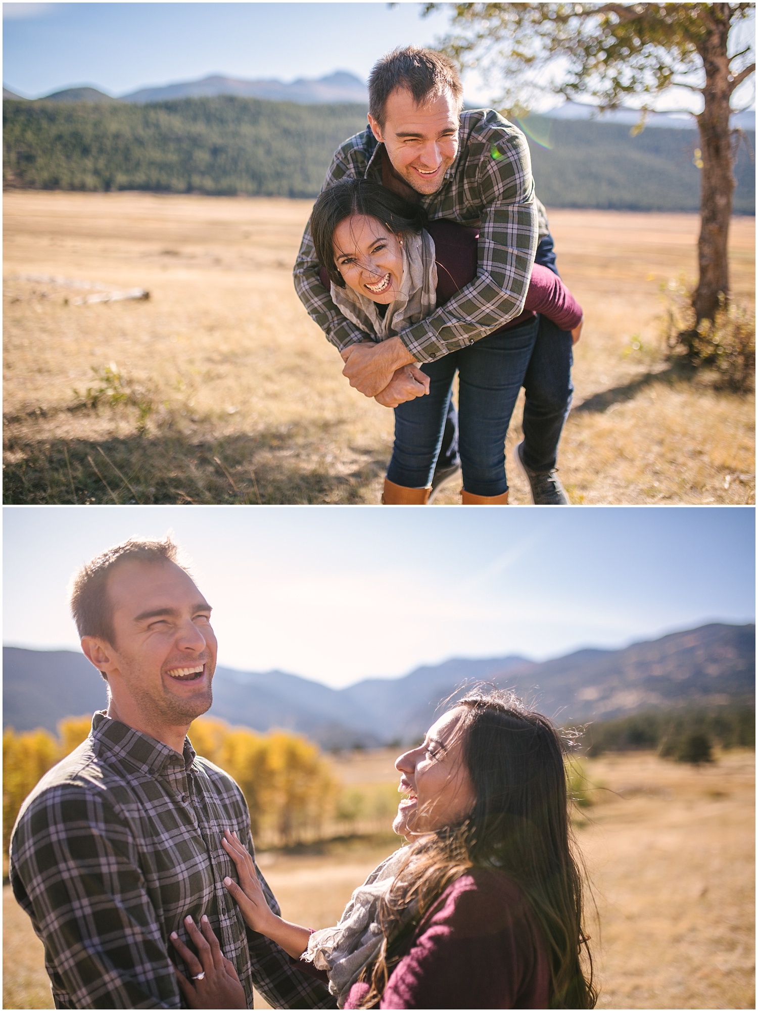 Couple laughing together at Rocky Mountain National Park for fall engagement
