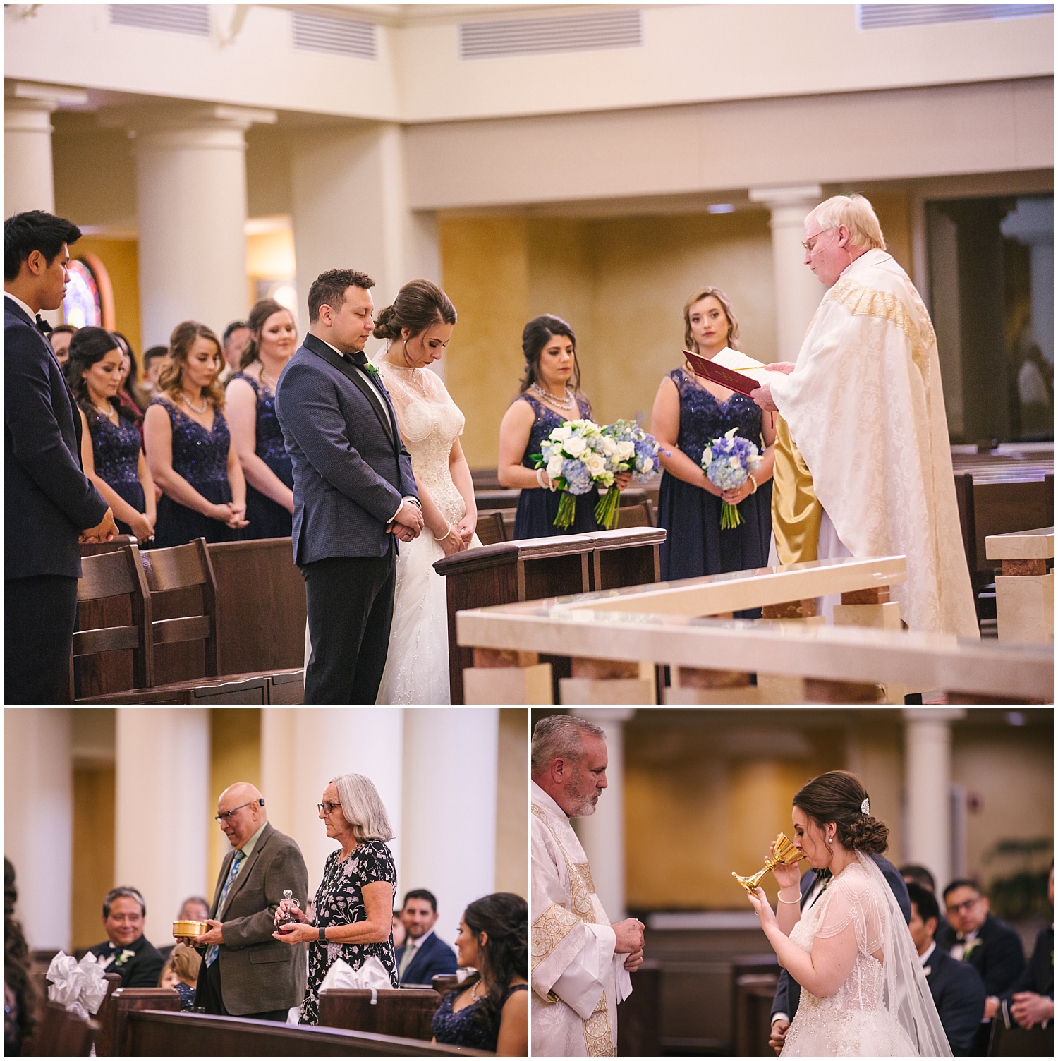 Bride and groom take Communion during wedding ceremony at Church of the Incarnation Catholic Church