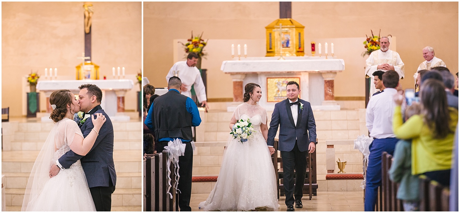 Bride and groom's first kiss at Church of the Incarnation Catholic Church wedding ceremony