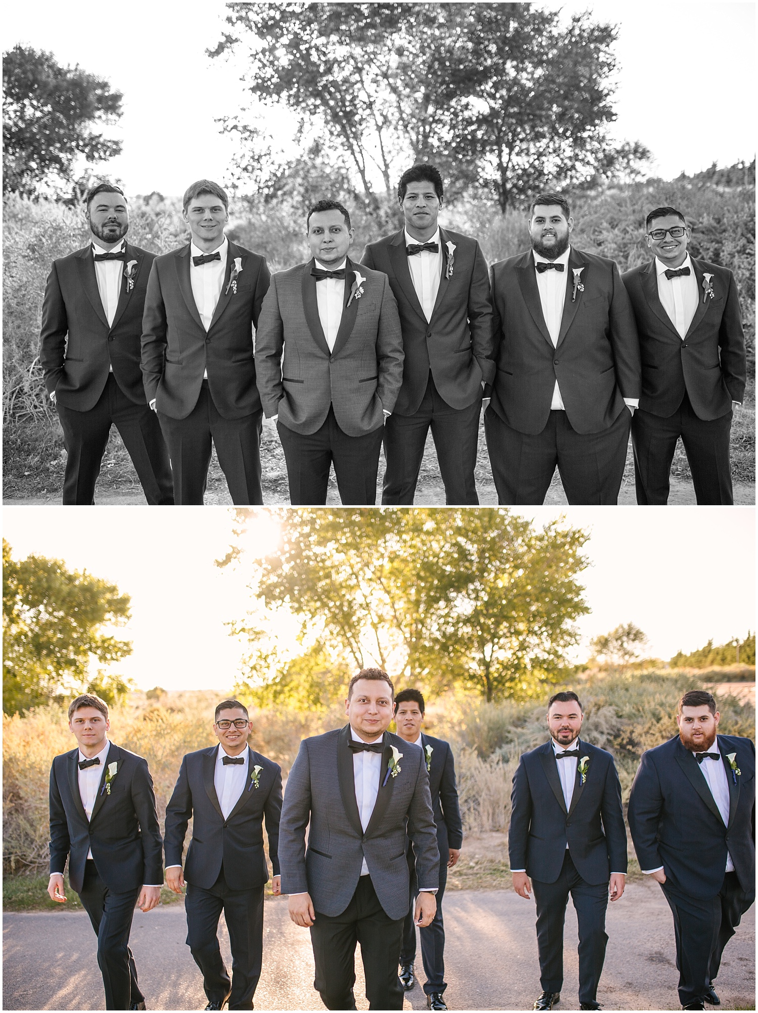 Groomsmen in navy suits and orchid boutonnieres at Prairie Star Restaurant wedding