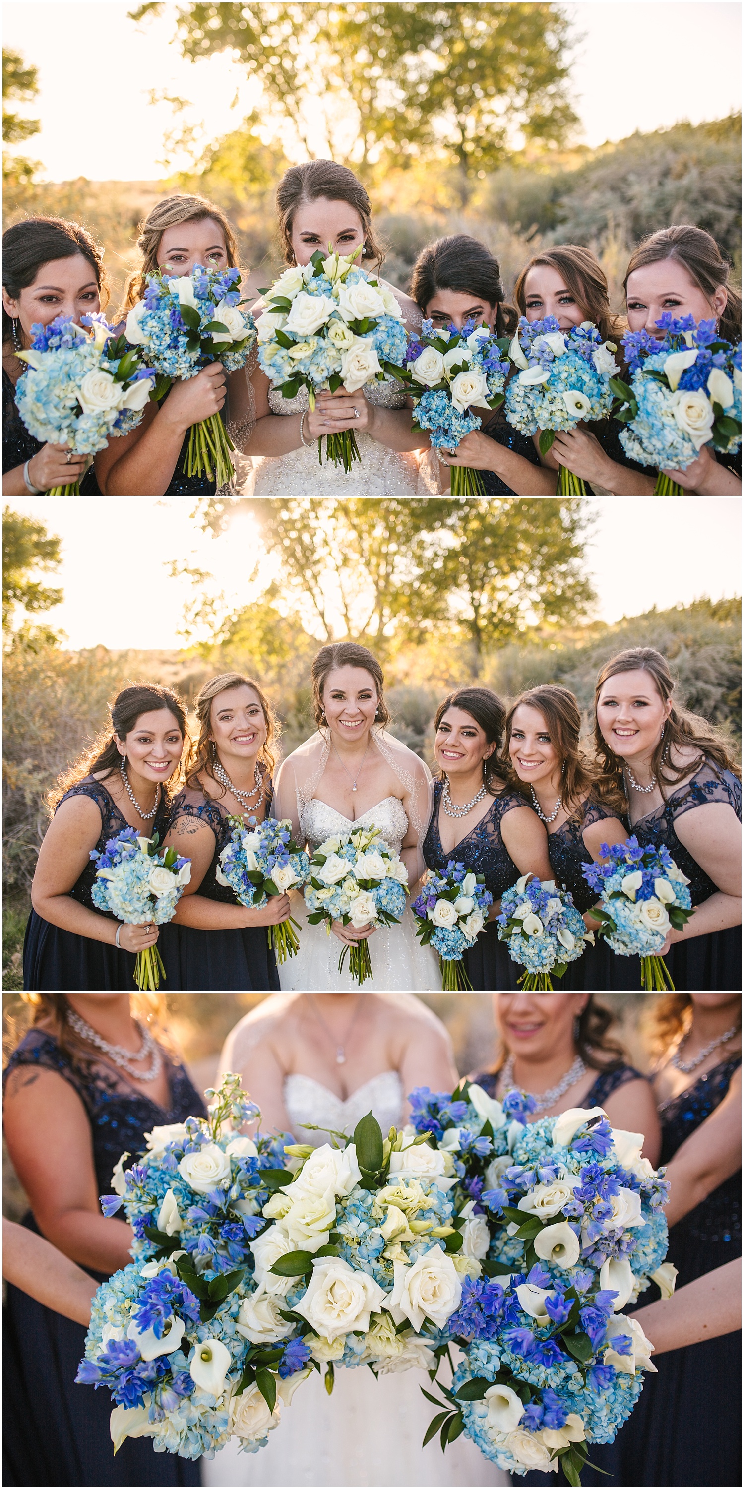 Bridesmaids with blue bouquets by Flowers by Zach-Low at Prairie Star Restaurant wedding