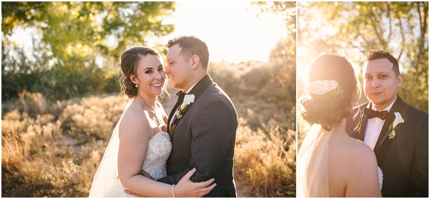 Bride and groom hugging in the golden light at their fall wedding at Prairie Star Restaurant
