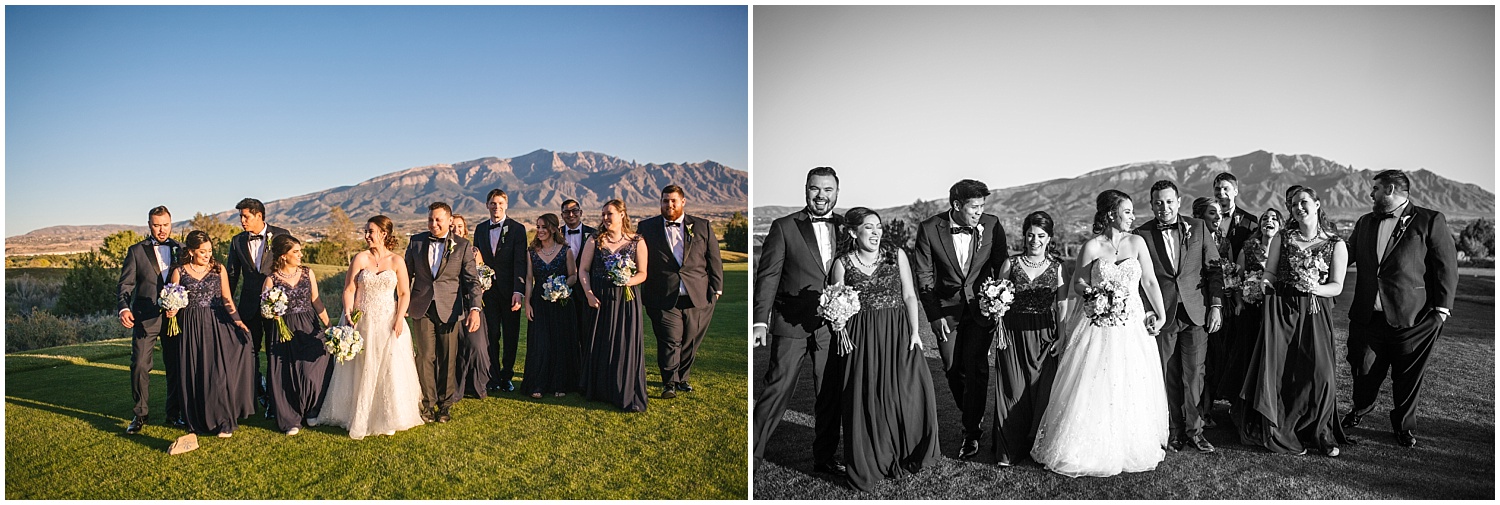 Wedding party in front of the Sandia Mountains on the Santa Ana Golf Course at Prairie Star Restaurant wedding