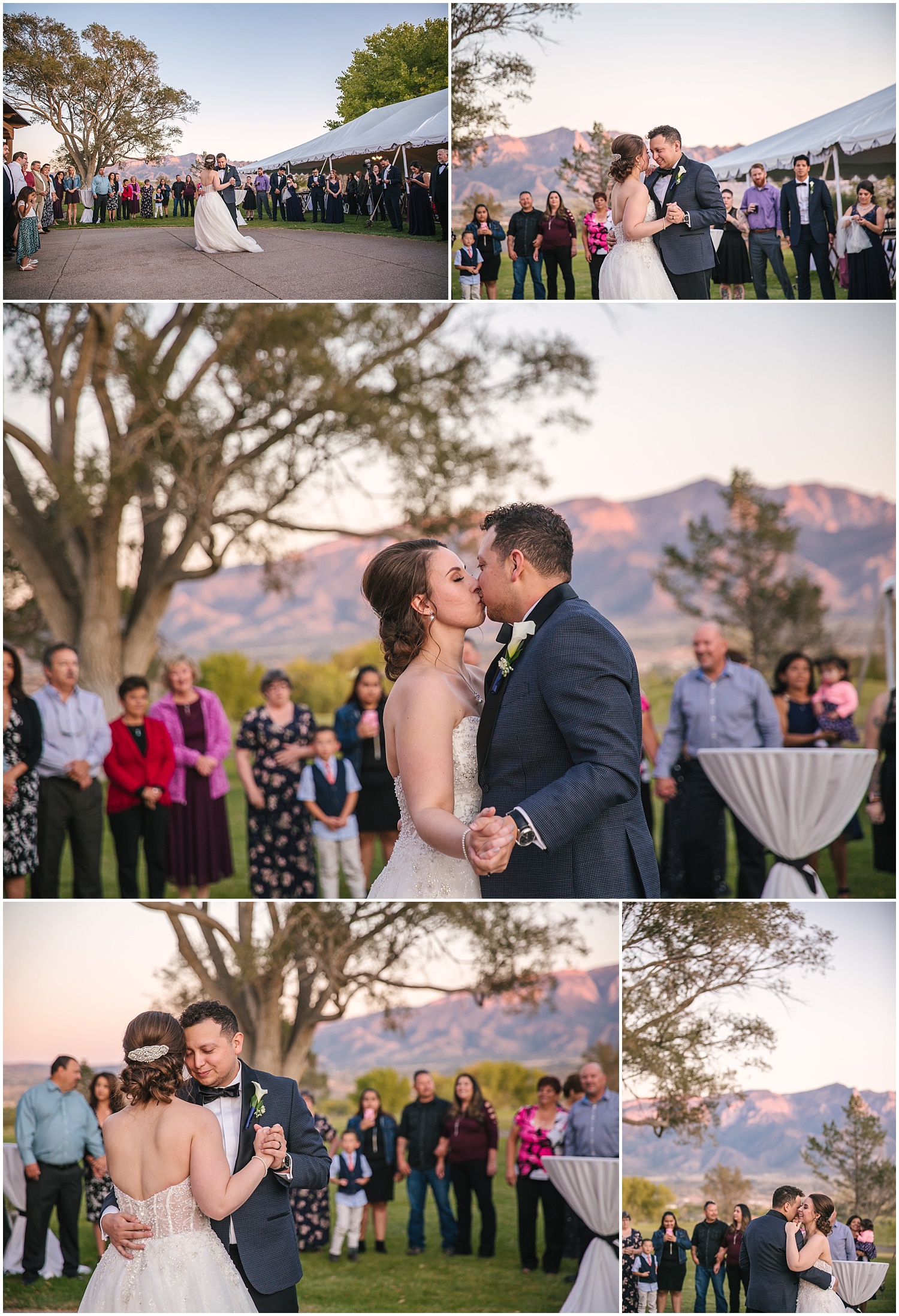 Bride and groom's first dance in front of the Sandia Mountains at Prairie Star Restaurant wedding reception