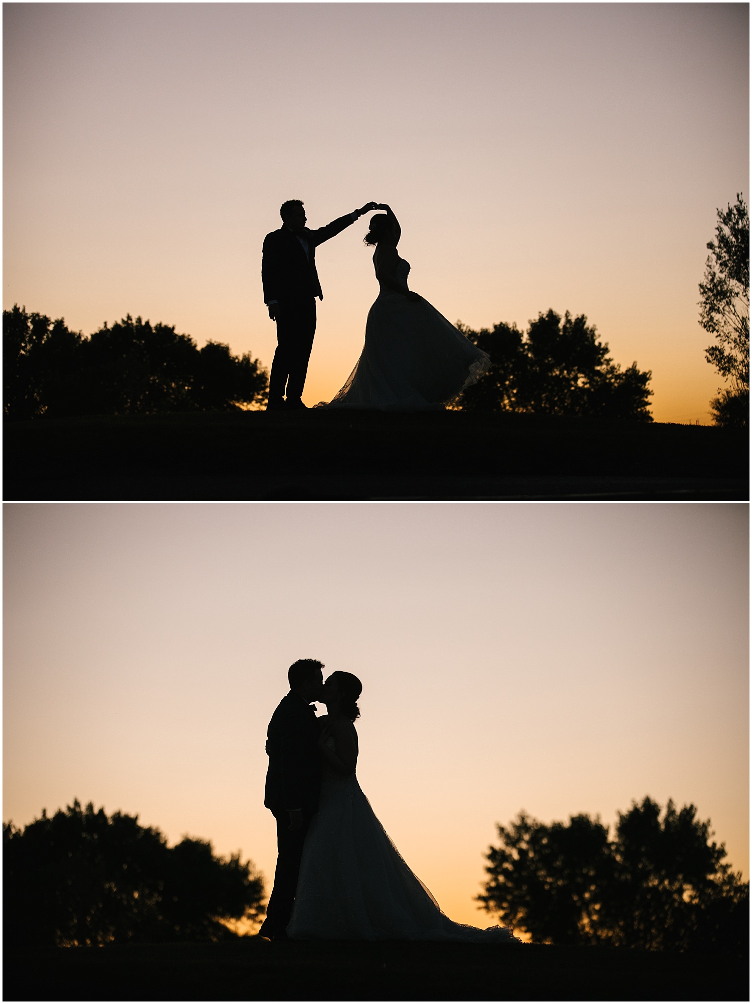 Silhouette of bride and groom dancing at sunset at Prairie Star Restaurant wedding