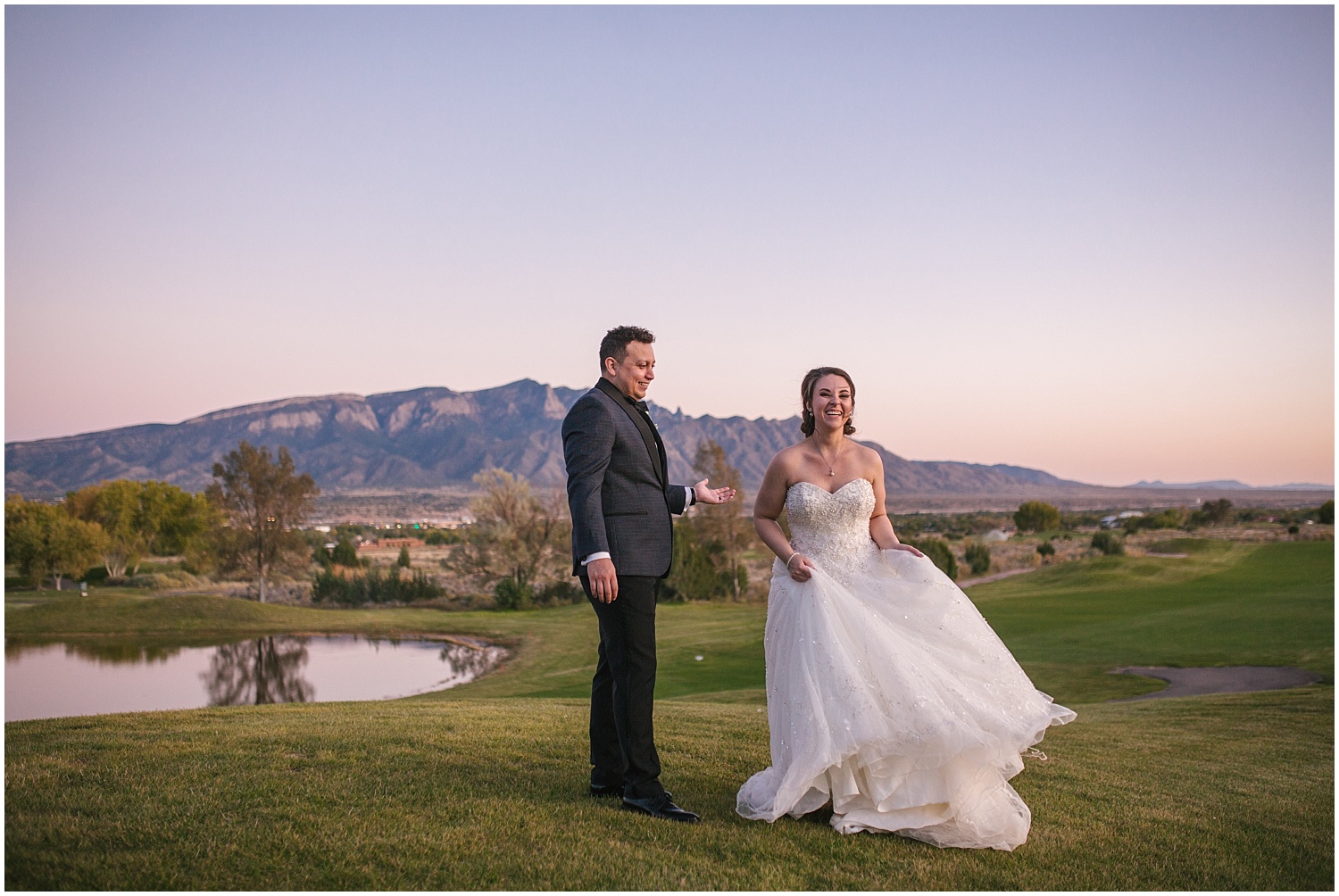 Bride and groom dancing at sunset on Santa Ana Golf Course at fall wedding at Prairie Star Restaurant