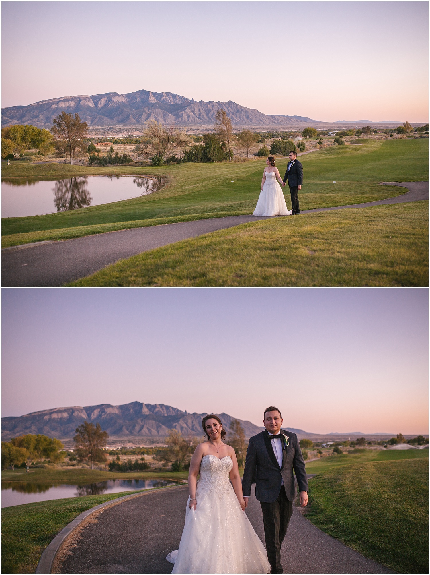 Bride and groom walk along the path overlooking the mountains at Santa Ana Golf Course for their fall wedding at Prairie Star Restaurant