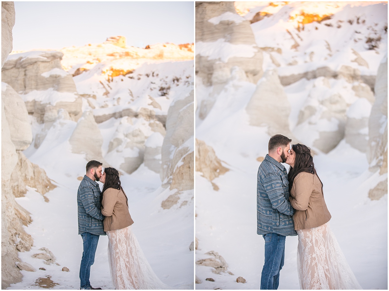 Bride and groom's first kiss at winter Paint Mines elopement
